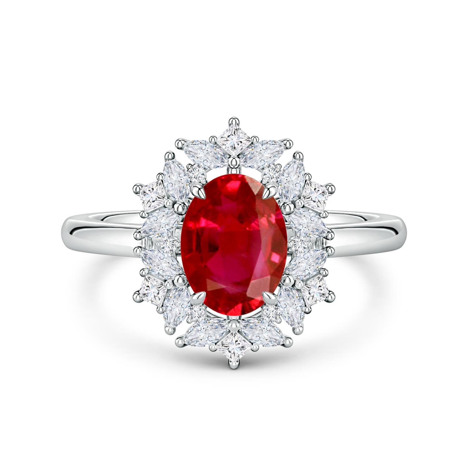 8x6mm AAA Oval Ruby Multi-Shape Ornate Halo Engagement Ring in White Gold