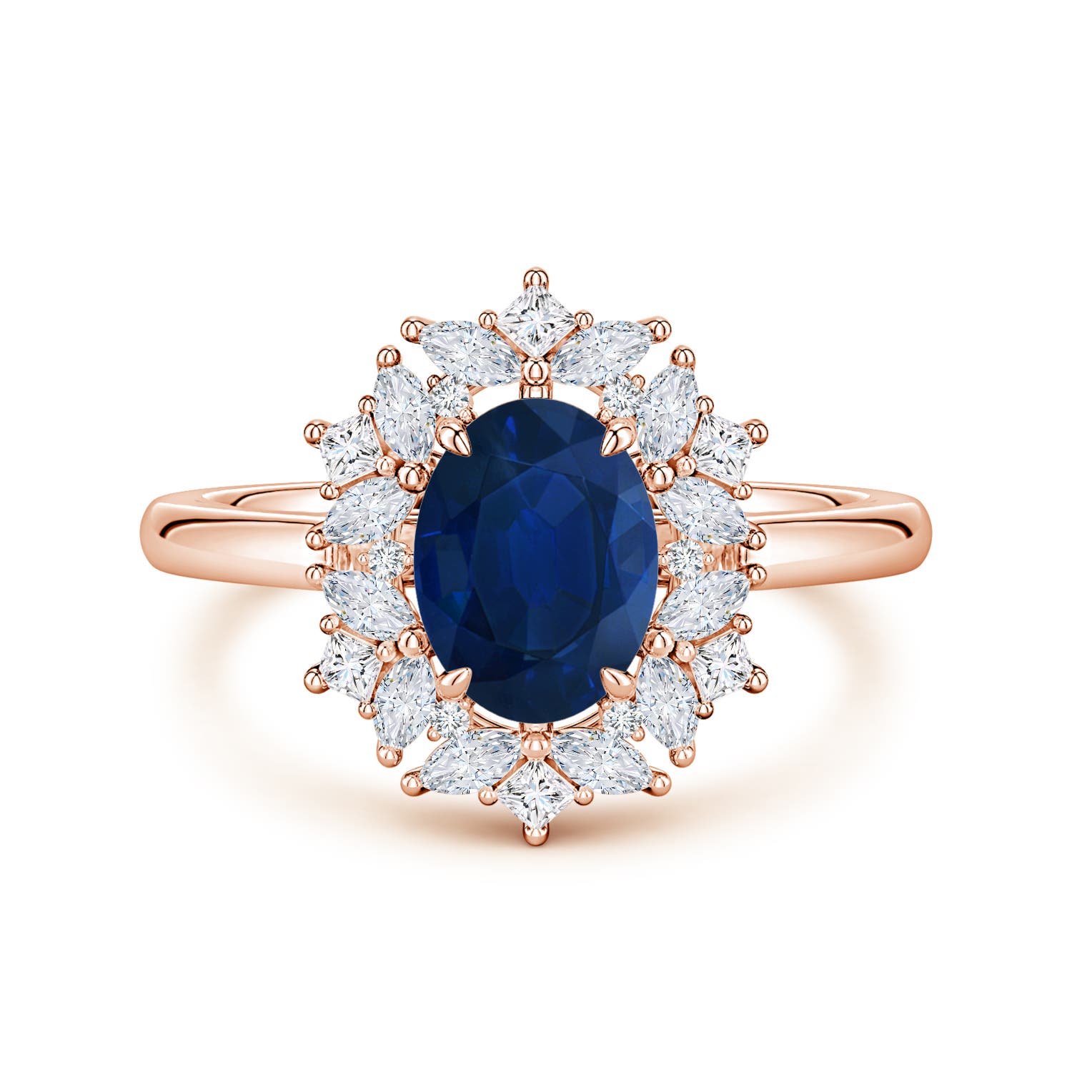 8x6mm AA Oval Blue Sapphire Multi-Shape Ornate Halo Engagement Ring in Rose Gold