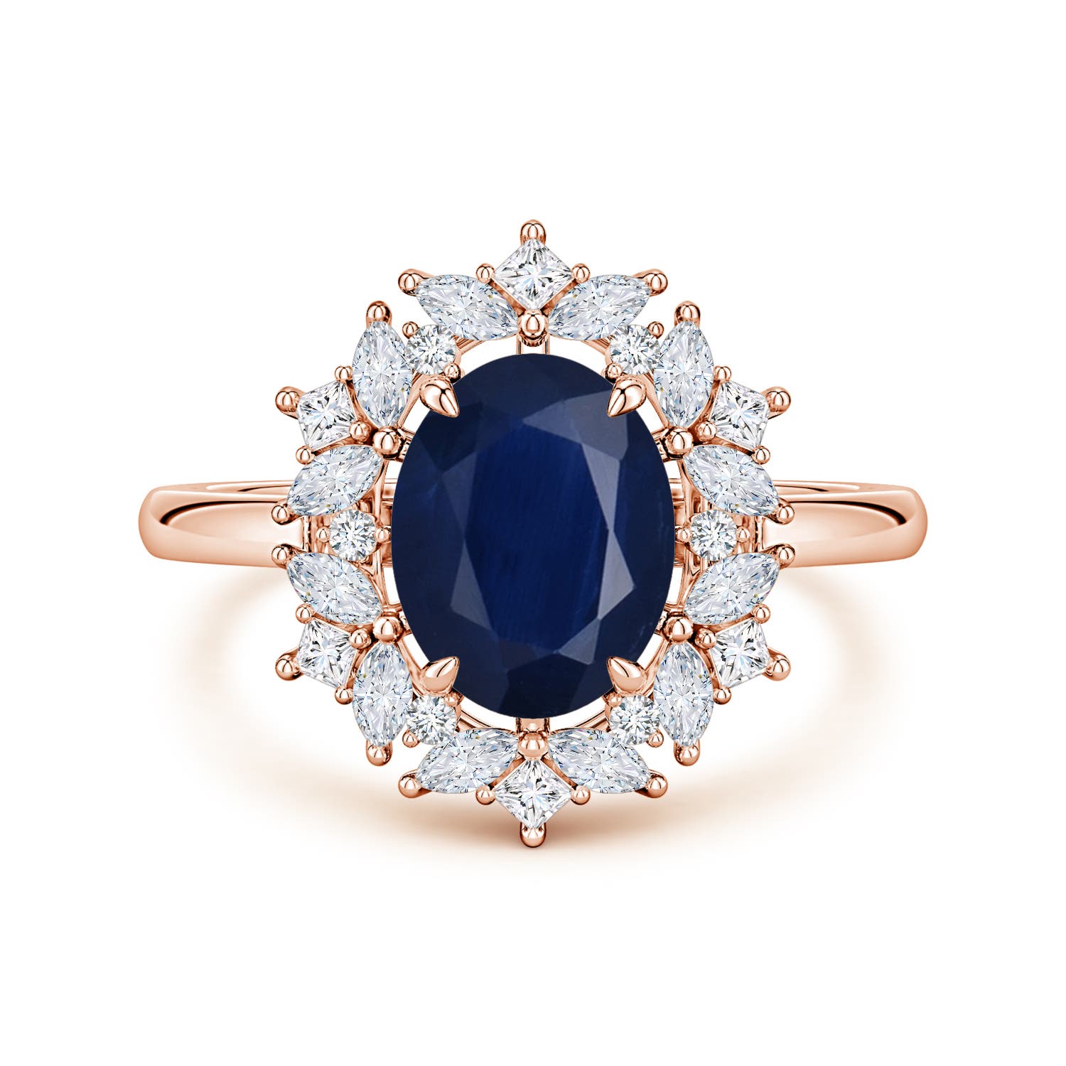 9x7mm A Oval Blue Sapphire Multi-Shape Ornate Halo Engagement Ring in 18K Rose Gold