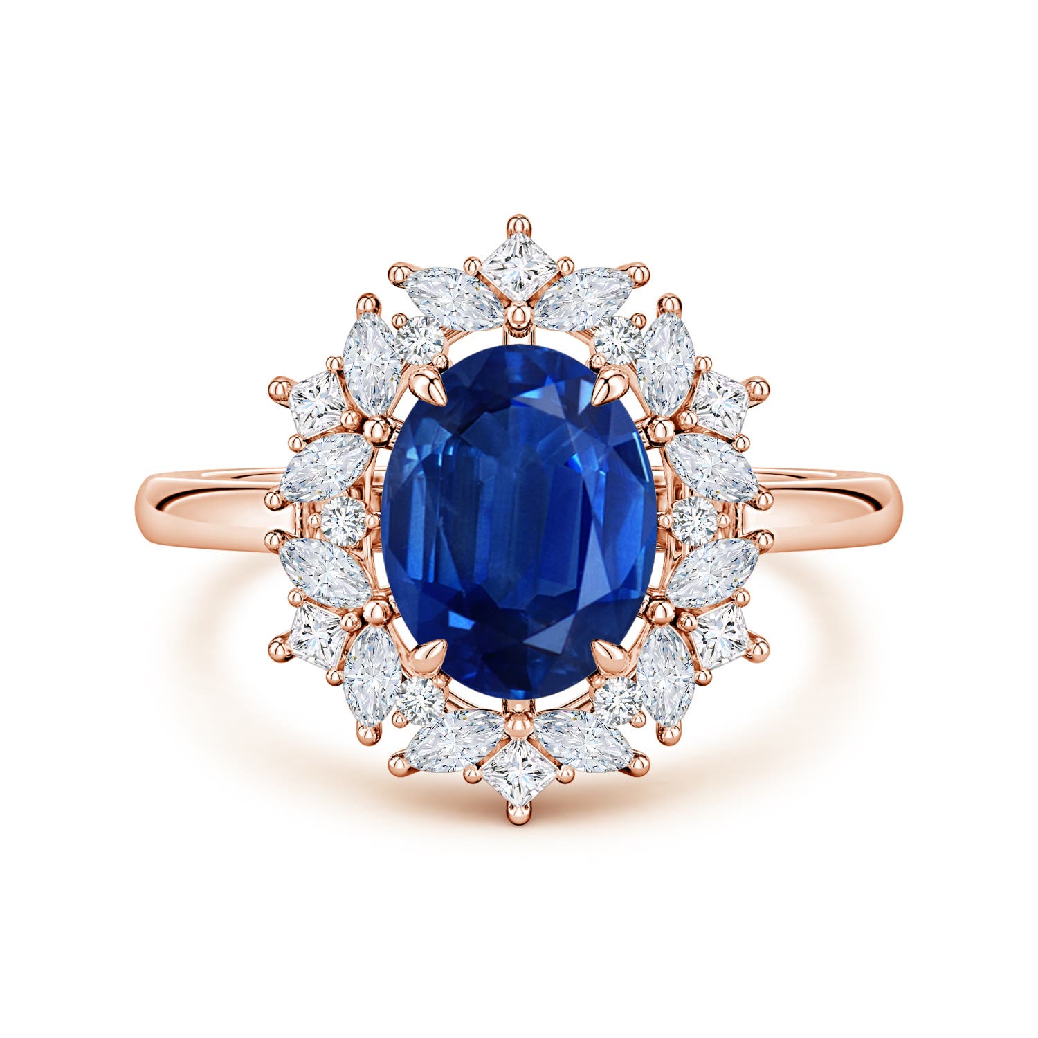 9x7mm AAA Oval Blue Sapphire Multi-Shape Ornate Halo Engagement Ring in Rose Gold