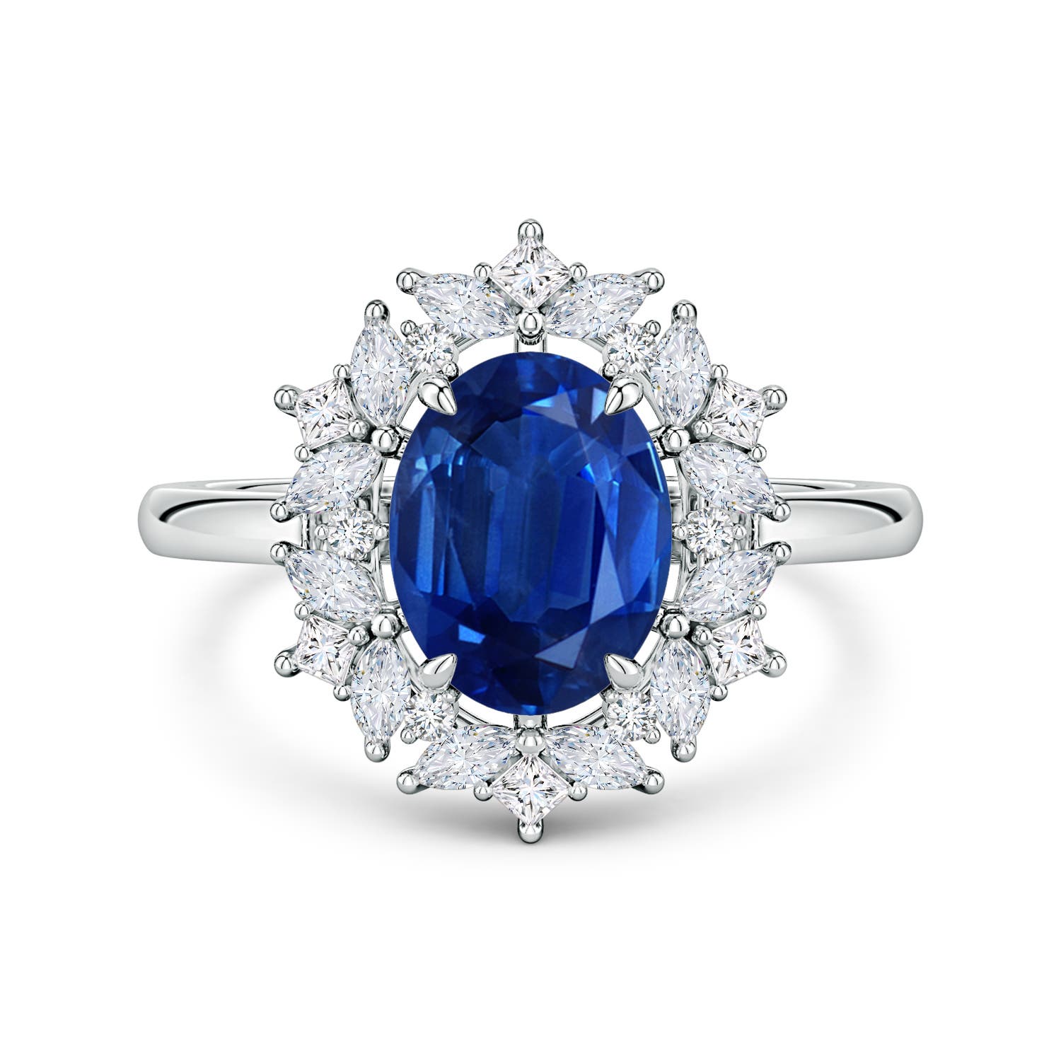 9x7mm AAA Oval Blue Sapphire Multi-Shape Ornate Halo Engagement Ring in White Gold