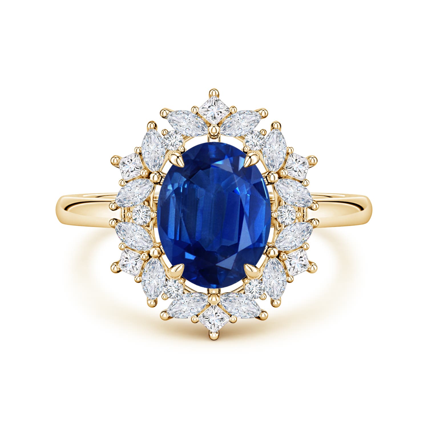 9x7mm AAA Oval Blue Sapphire Multi-Shape Ornate Halo Engagement Ring in Yellow Gold