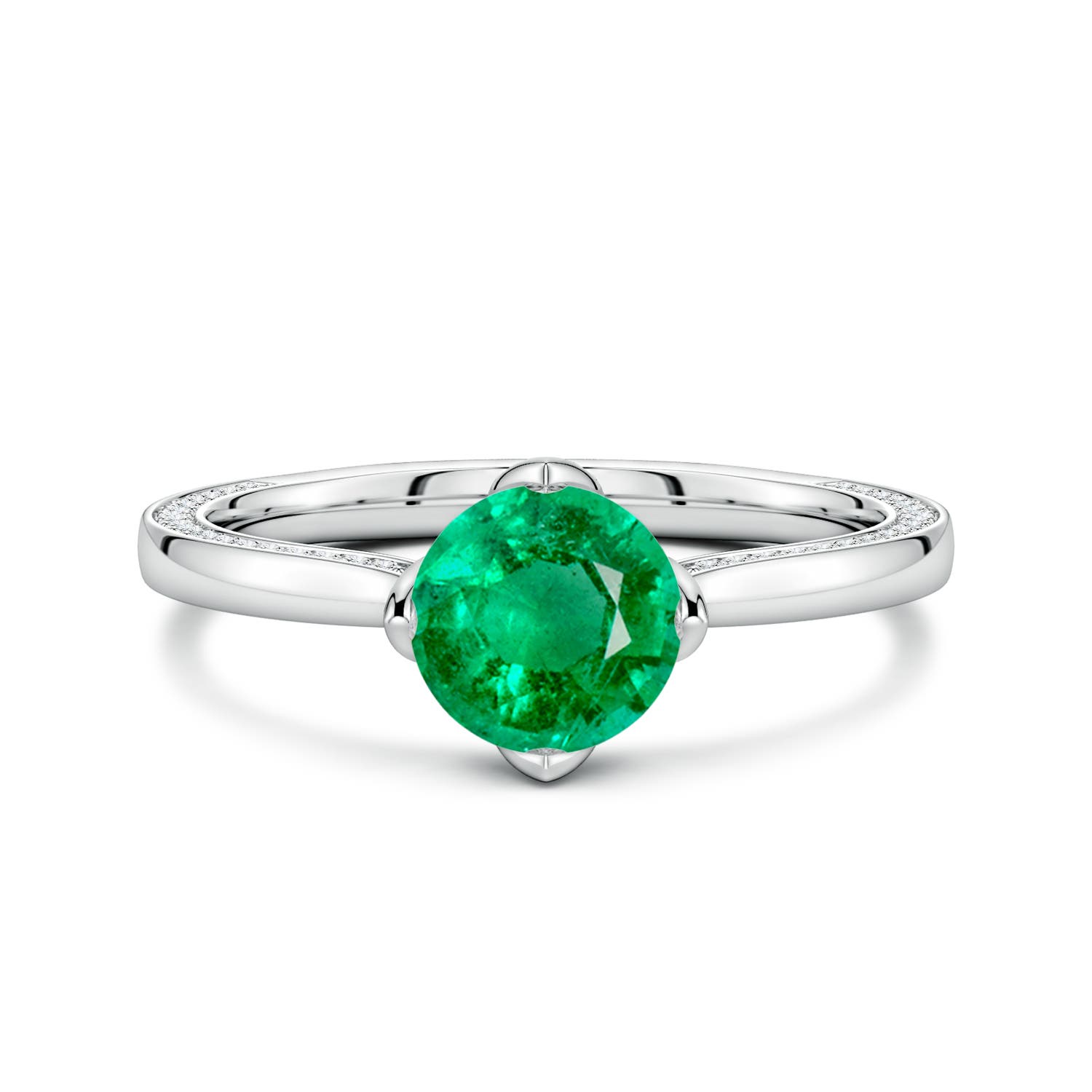 6.5mm AAA Round Emerald Engagement Ring with Hidden Diamond Accents in White Gold