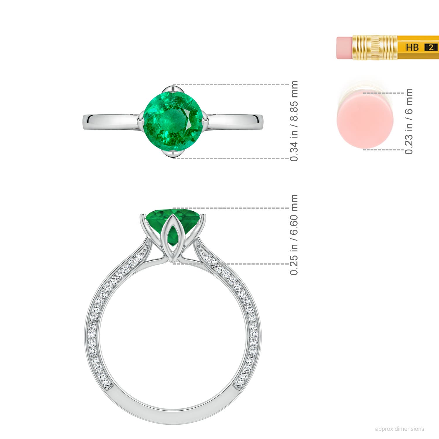 6.5mm AAA Round Emerald Engagement Ring with Hidden Diamond Accents in White Gold - ruler