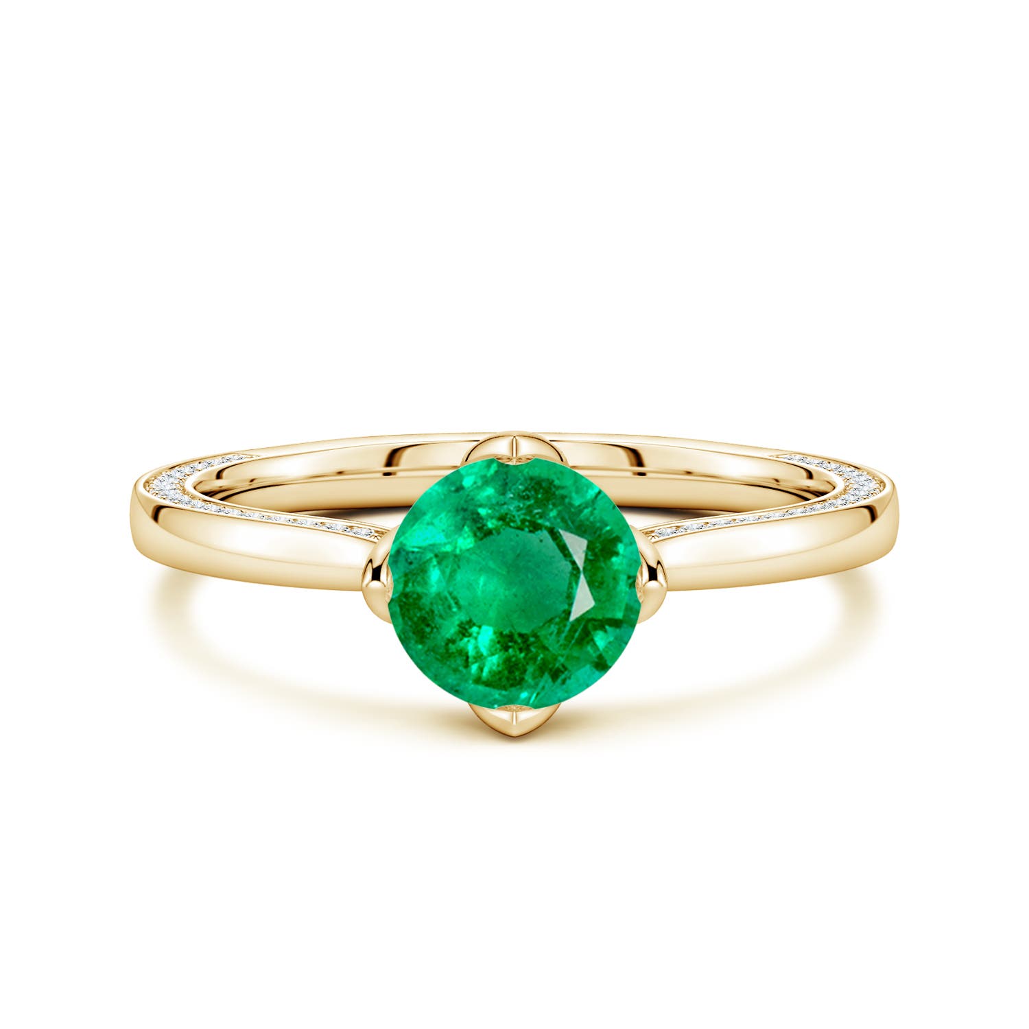 6.5mm AAA Round Emerald Engagement Ring with Hidden Diamond Accents in Yellow Gold