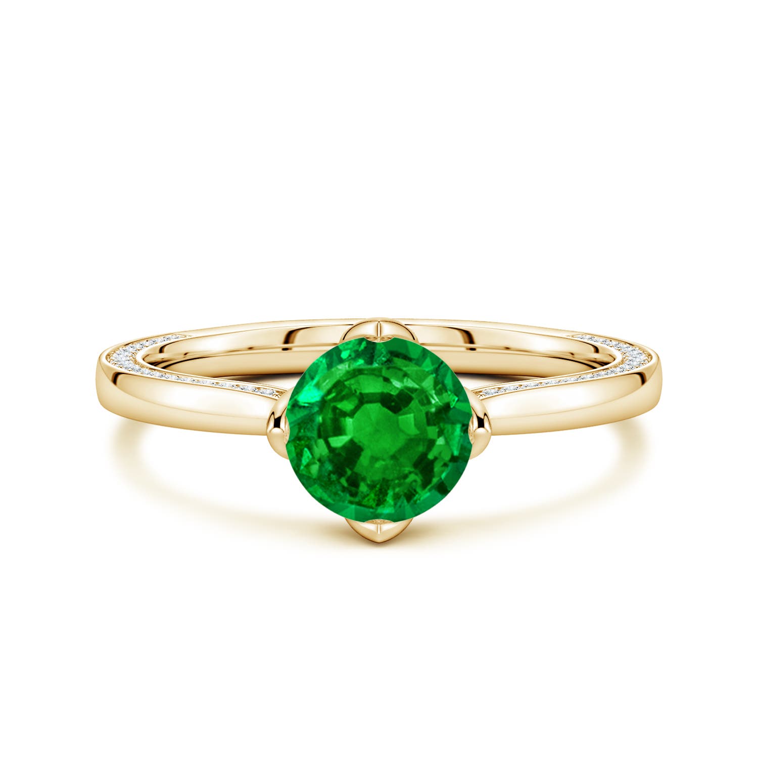6.5mm AAAA Round Emerald Engagement Ring with Hidden Diamond Accents in 18K Yellow Gold