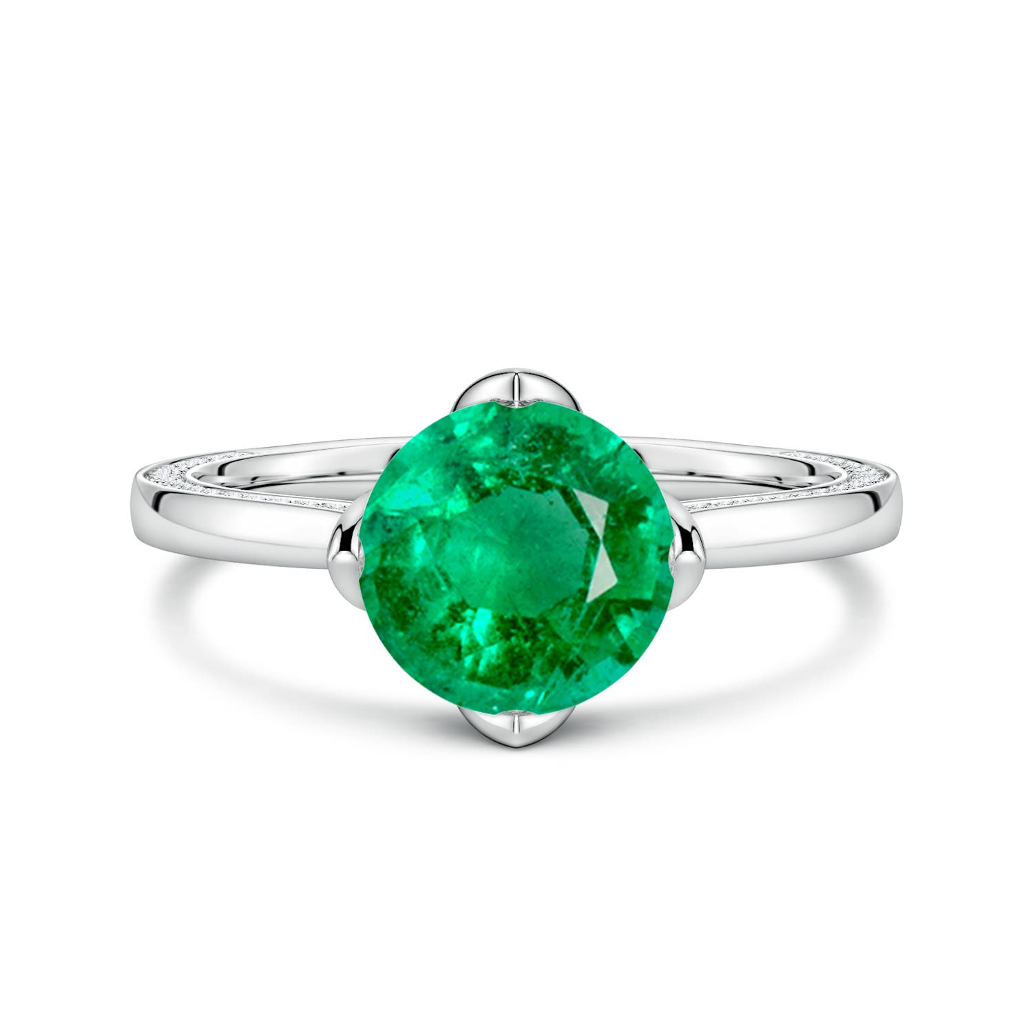 8mm AAA Round Emerald Engagement Ring with Hidden Diamond Accents in White Gold