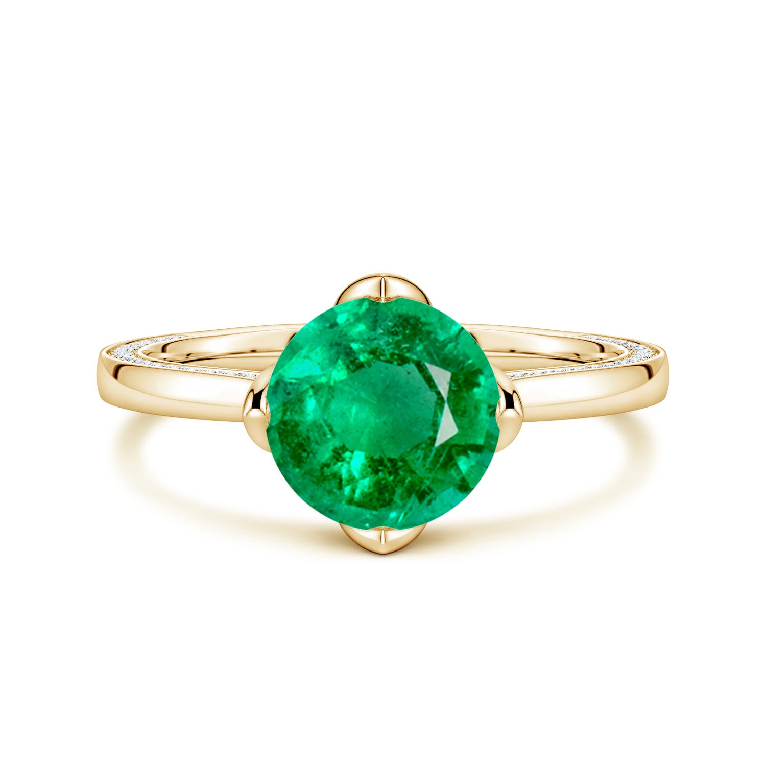8mm AAA Round Emerald Engagement Ring with Hidden Diamond Accents in Yellow Gold