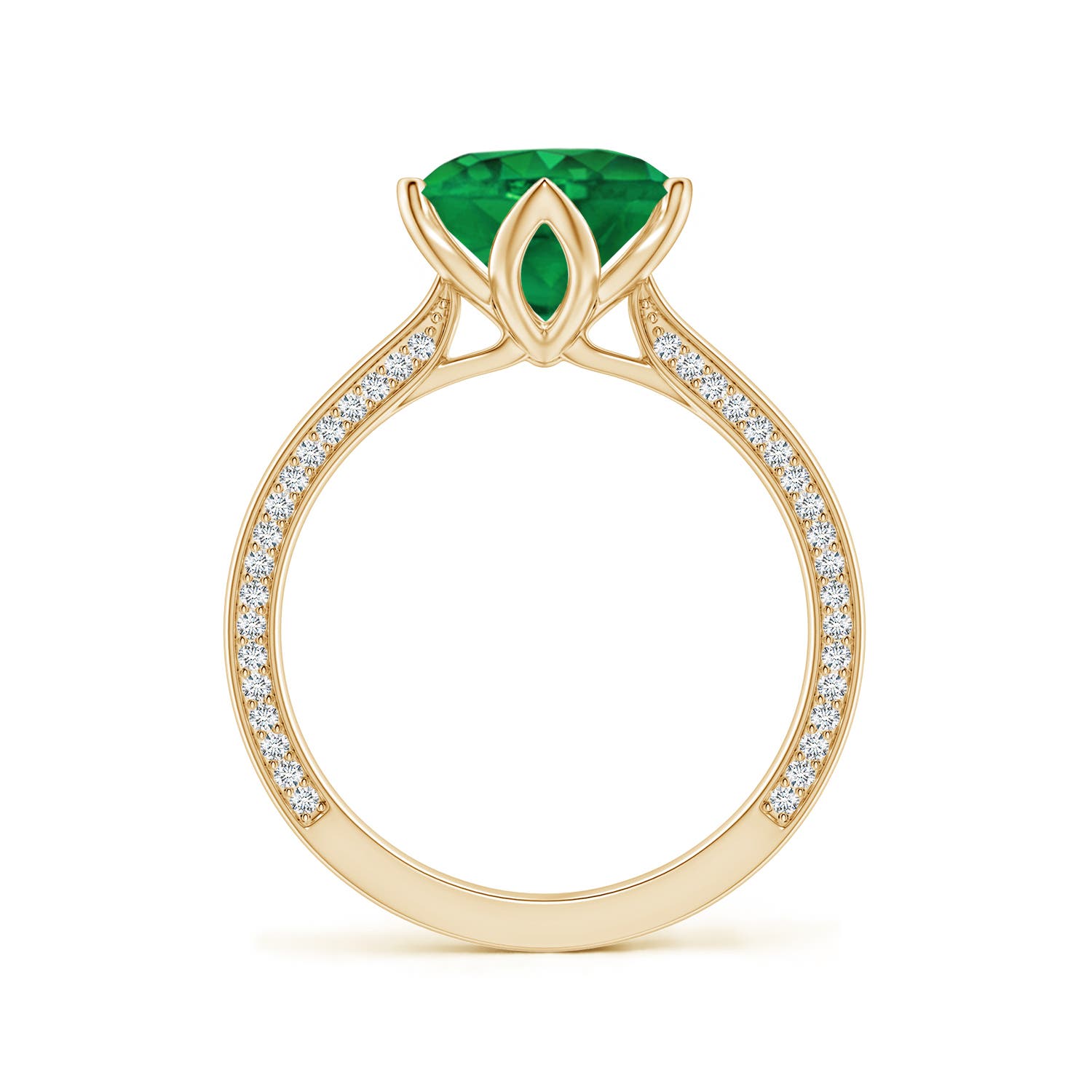 8mm AAA Round Emerald Engagement Ring with Hidden Diamond Accents in Yellow Gold
