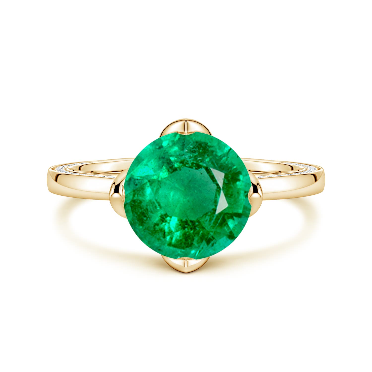 9mm AAA Round Emerald Engagement Ring with Hidden Diamond Accents in Yellow Gold
