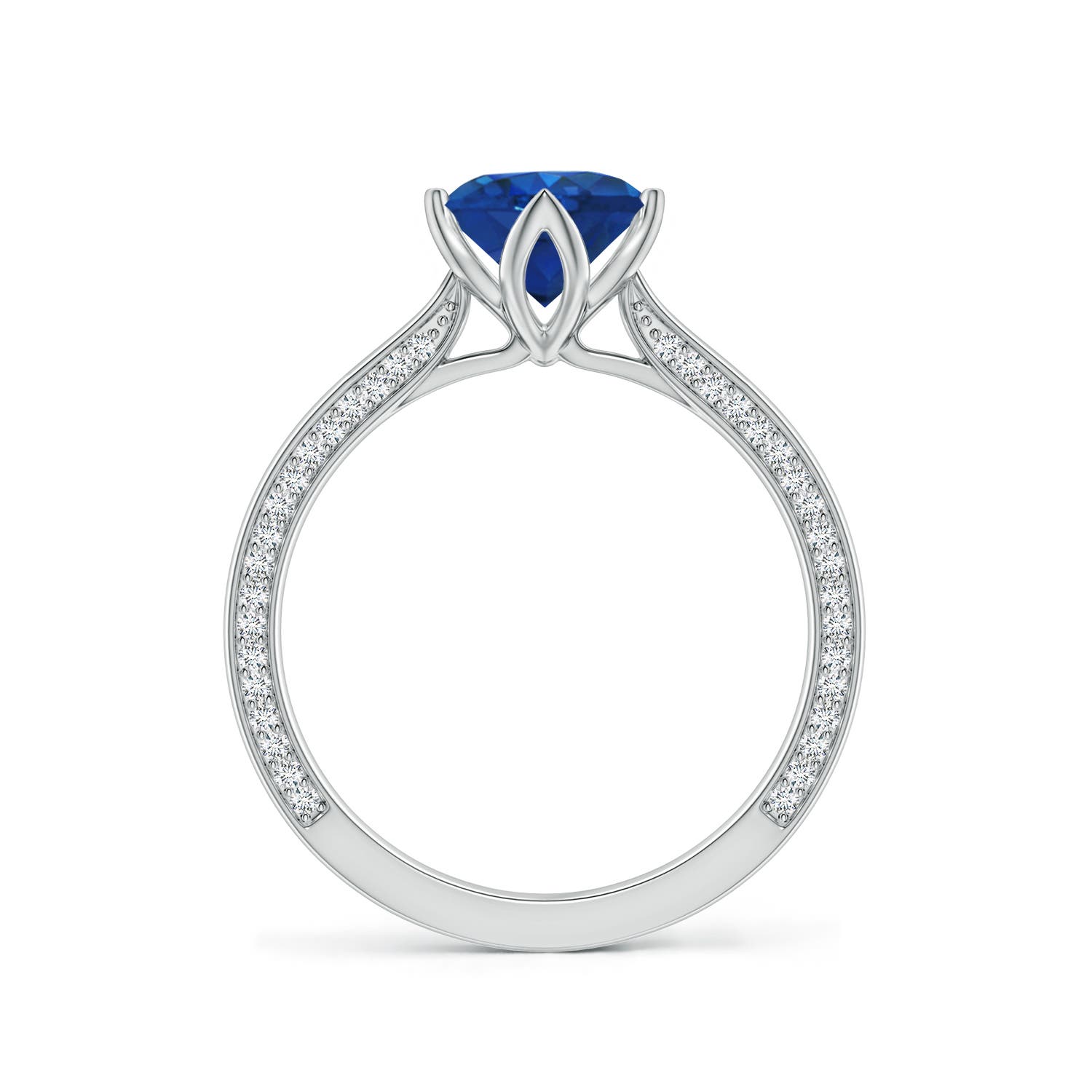 6.5mm AAA Round Blue Sapphire Engagement Ring with Hidden Diamond Accents in 18K White Gold