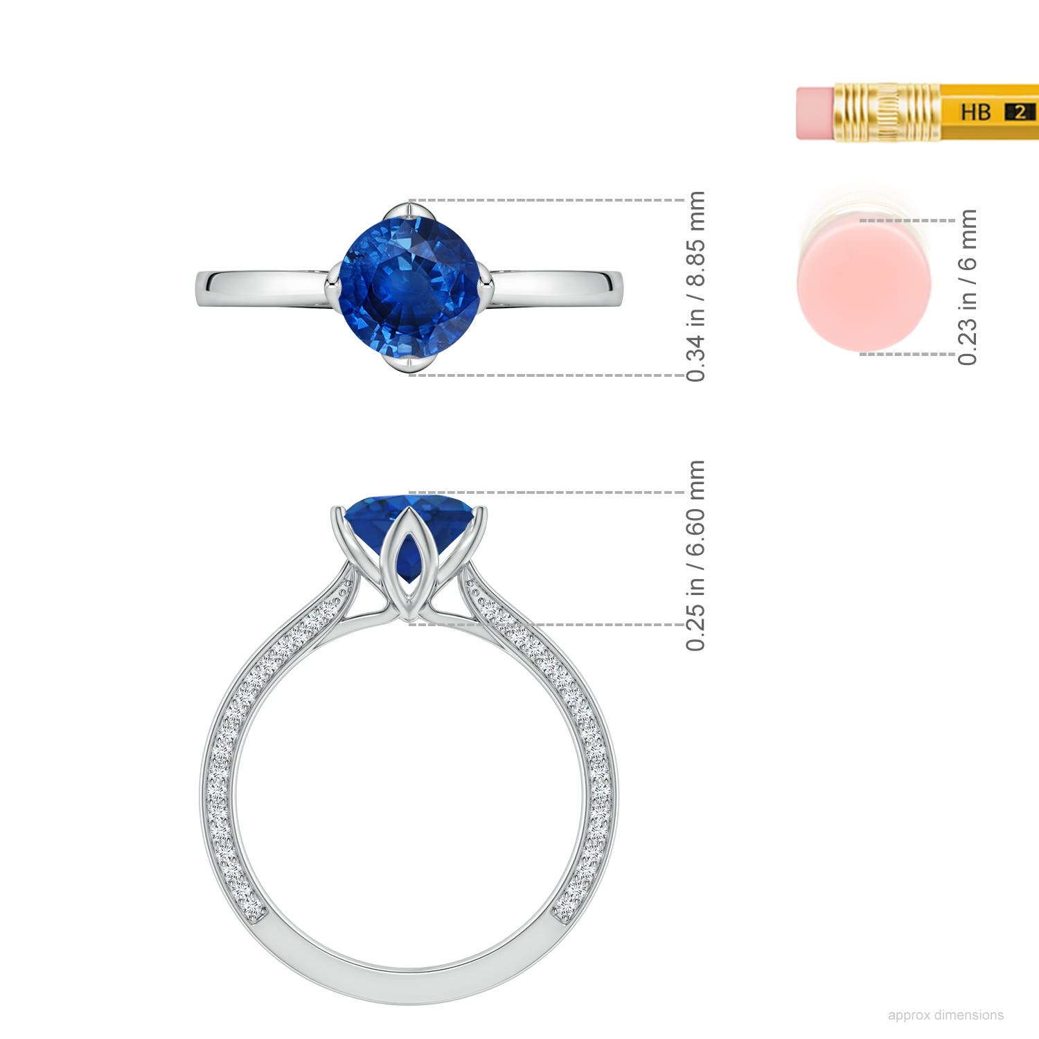 6.5mm AAA Round Blue Sapphire Engagement Ring with Hidden Diamond Accents in White Gold - ruler