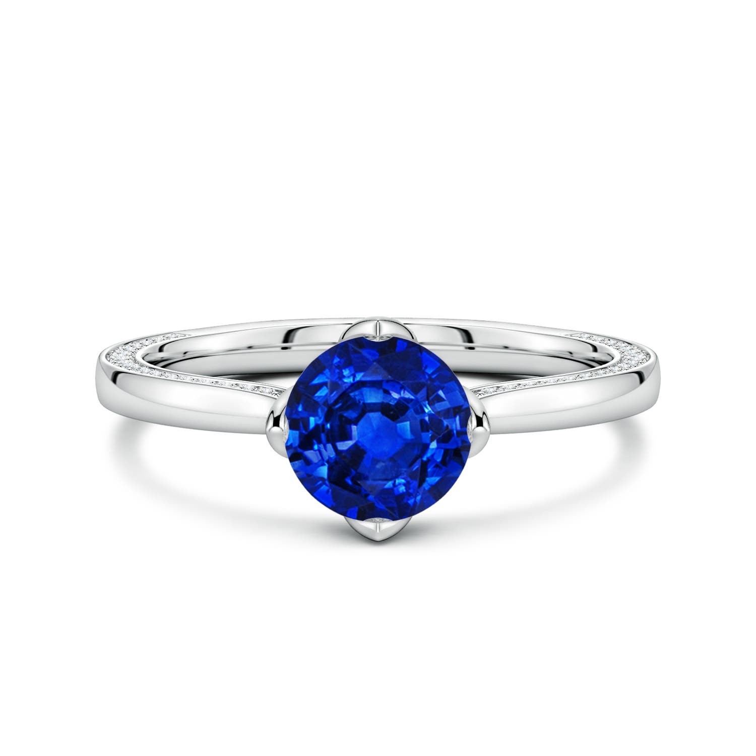 6.5mm AAAA Round Blue Sapphire Engagement Ring with Hidden Diamond Accents in White Gold
