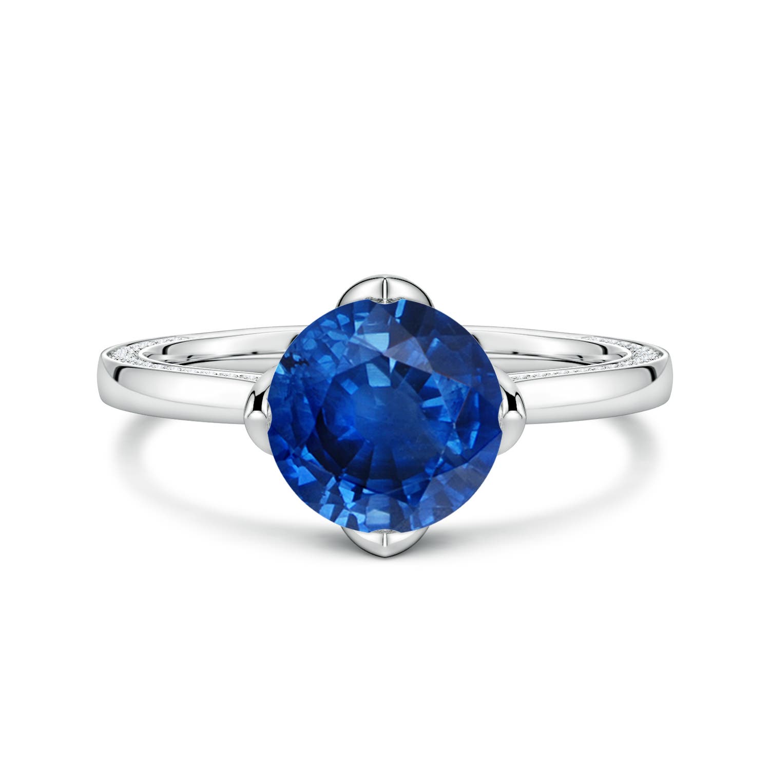 8mm AAA Round Blue Sapphire Engagement Ring with Hidden Diamond Accents in White Gold