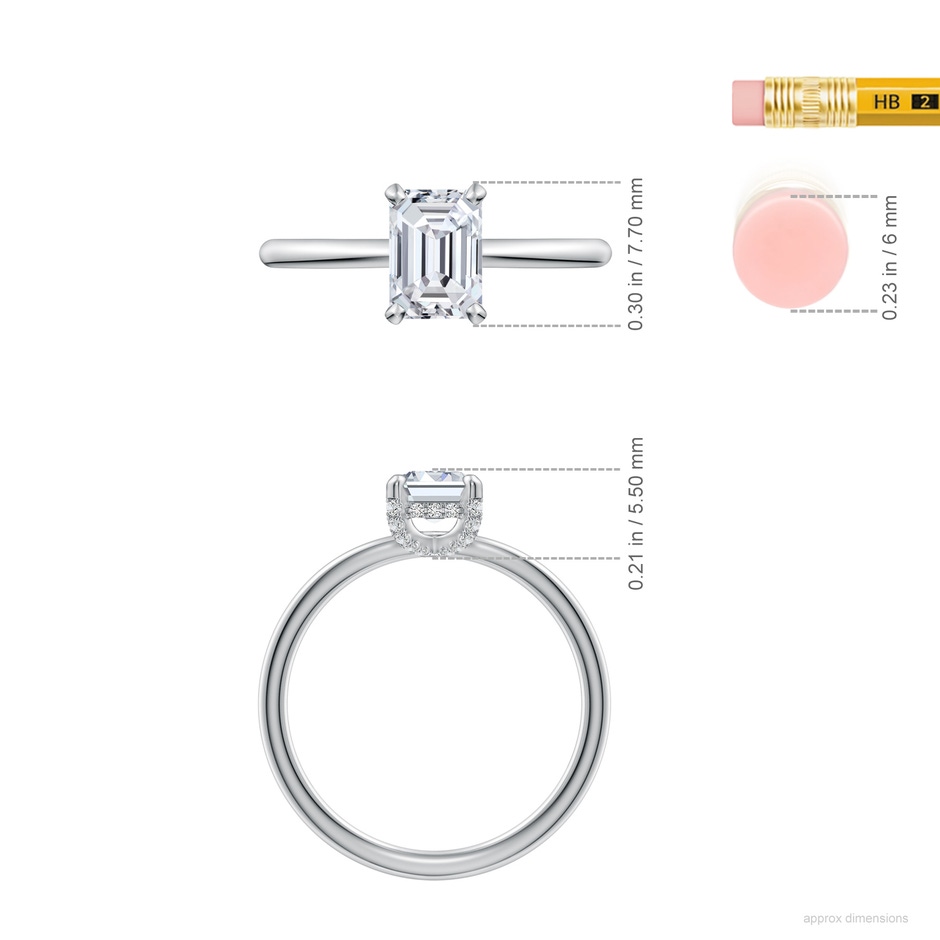 7x5mm HSI2 Emerald-Cut Diamond Engagement Ring with Hidden Halo in White Gold ruler