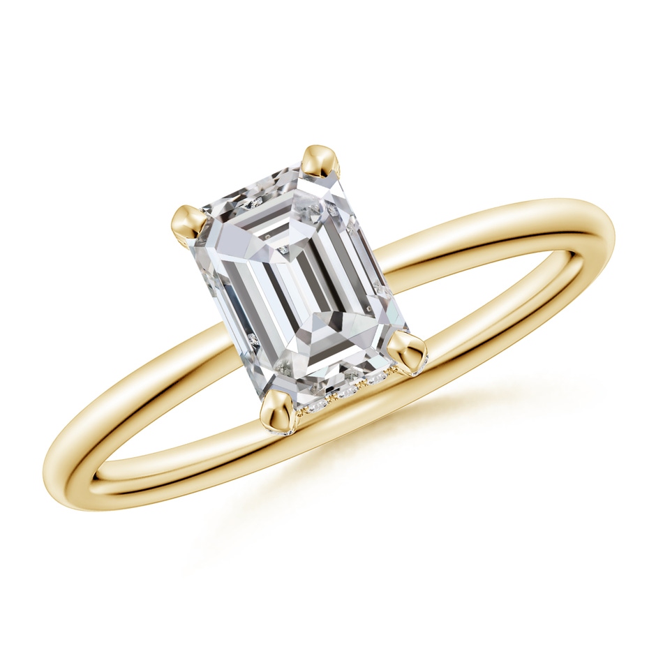 7x5mm IJI1I2 Emerald-Cut Diamond Engagement Ring with Hidden Halo in Yellow Gold 