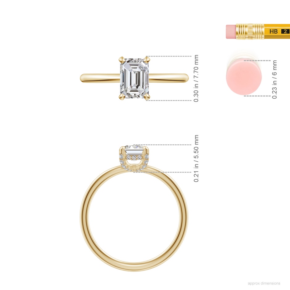 7x5mm IJI1I2 Emerald-Cut Diamond Engagement Ring with Hidden Halo in Yellow Gold ruler