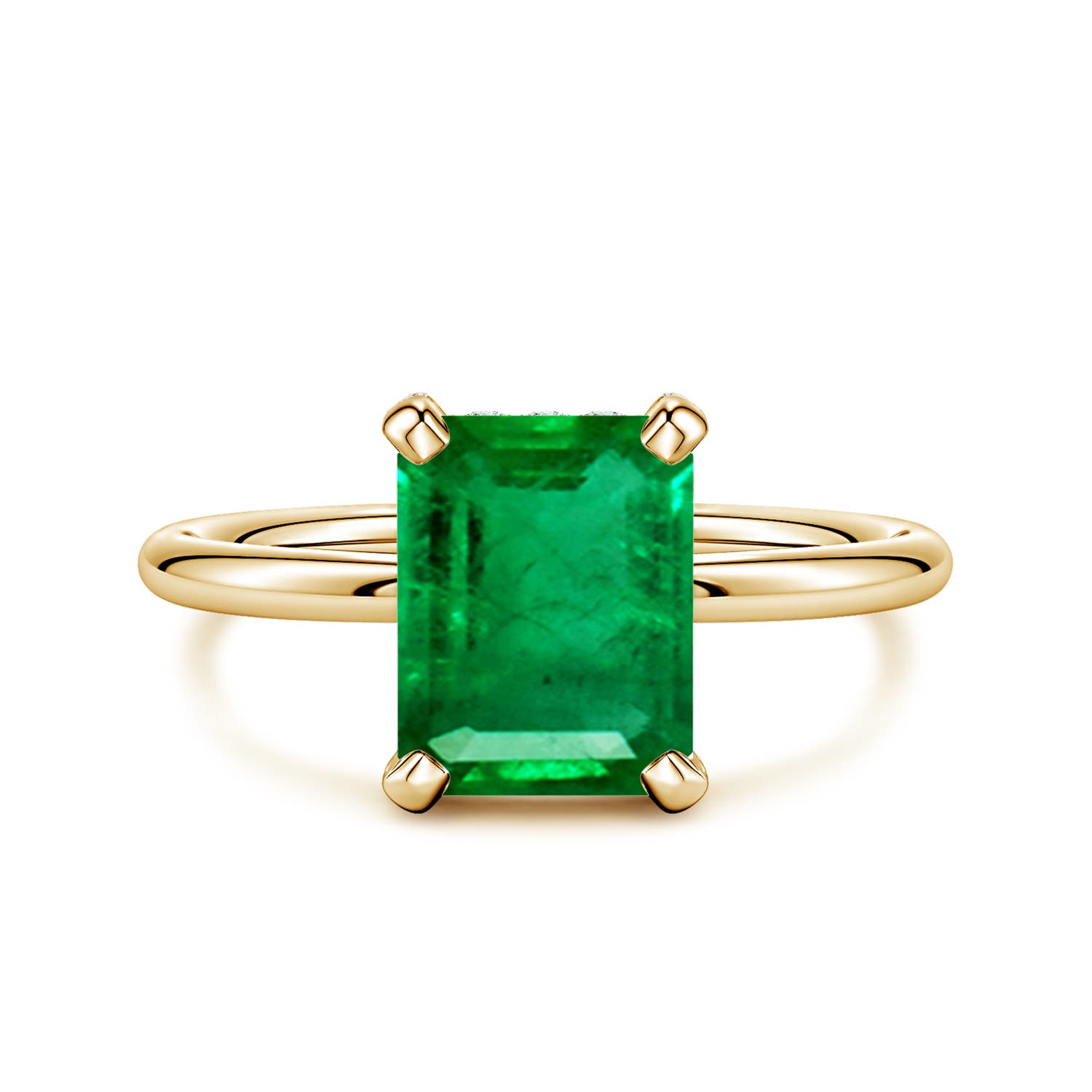 9x7mm AAA Emerald-Cut Emerald Engagement Ring with Hidden Halo in Yellow Gold