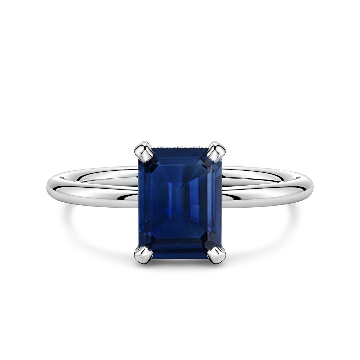 8x6mm AAA Emerald-Cut Blue Sapphire Engagement Ring with Hidden Halo in White Gold