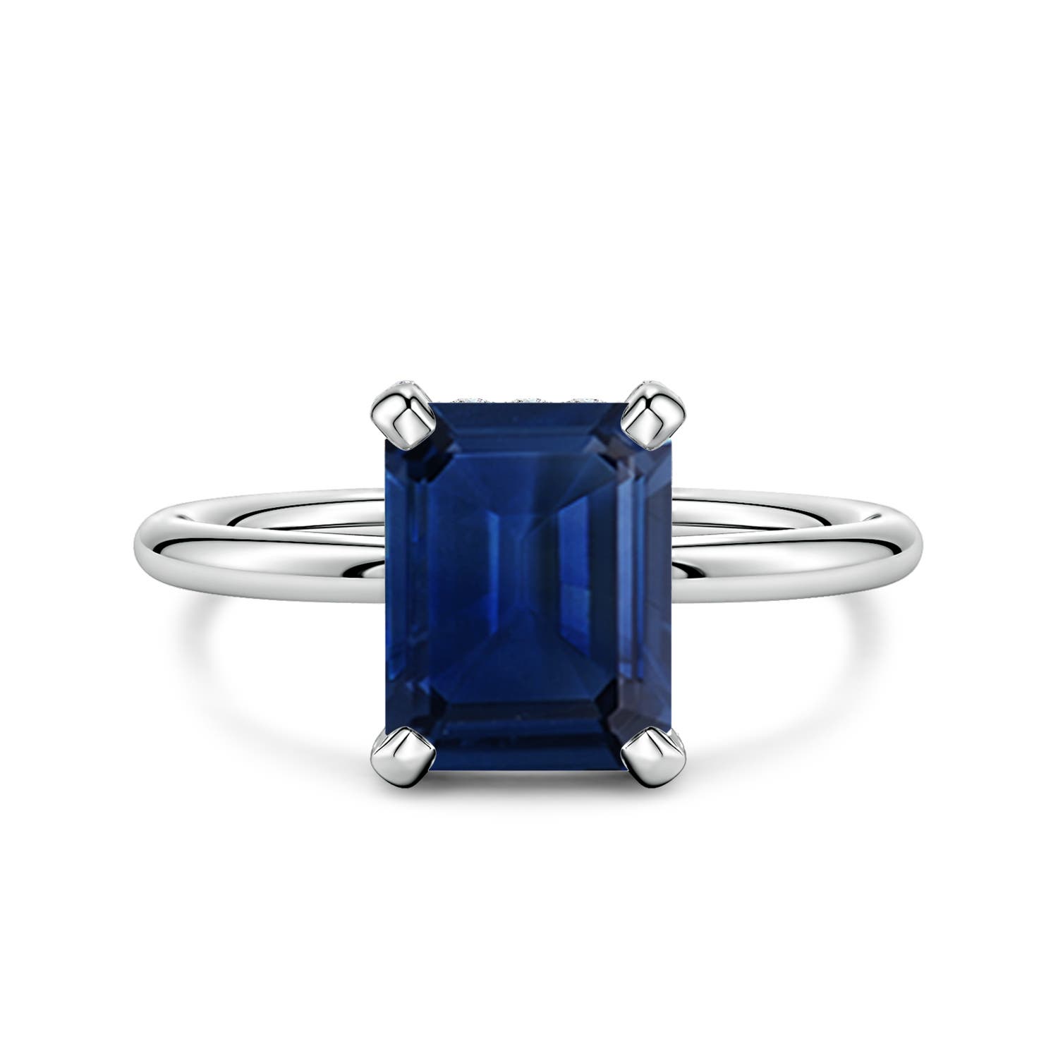 9x7mm AAA Emerald-Cut Blue Sapphire Engagement Ring with Hidden Halo in White Gold