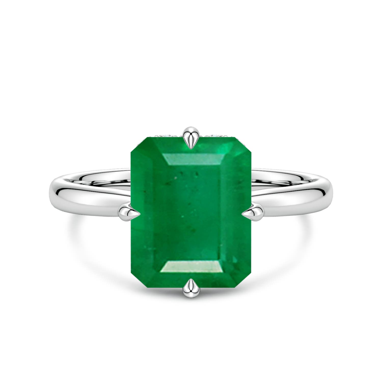 10x8mm AA Solitaire Emerald-Cut Emerald Engagement Ring with Hidden Halo in White Gold