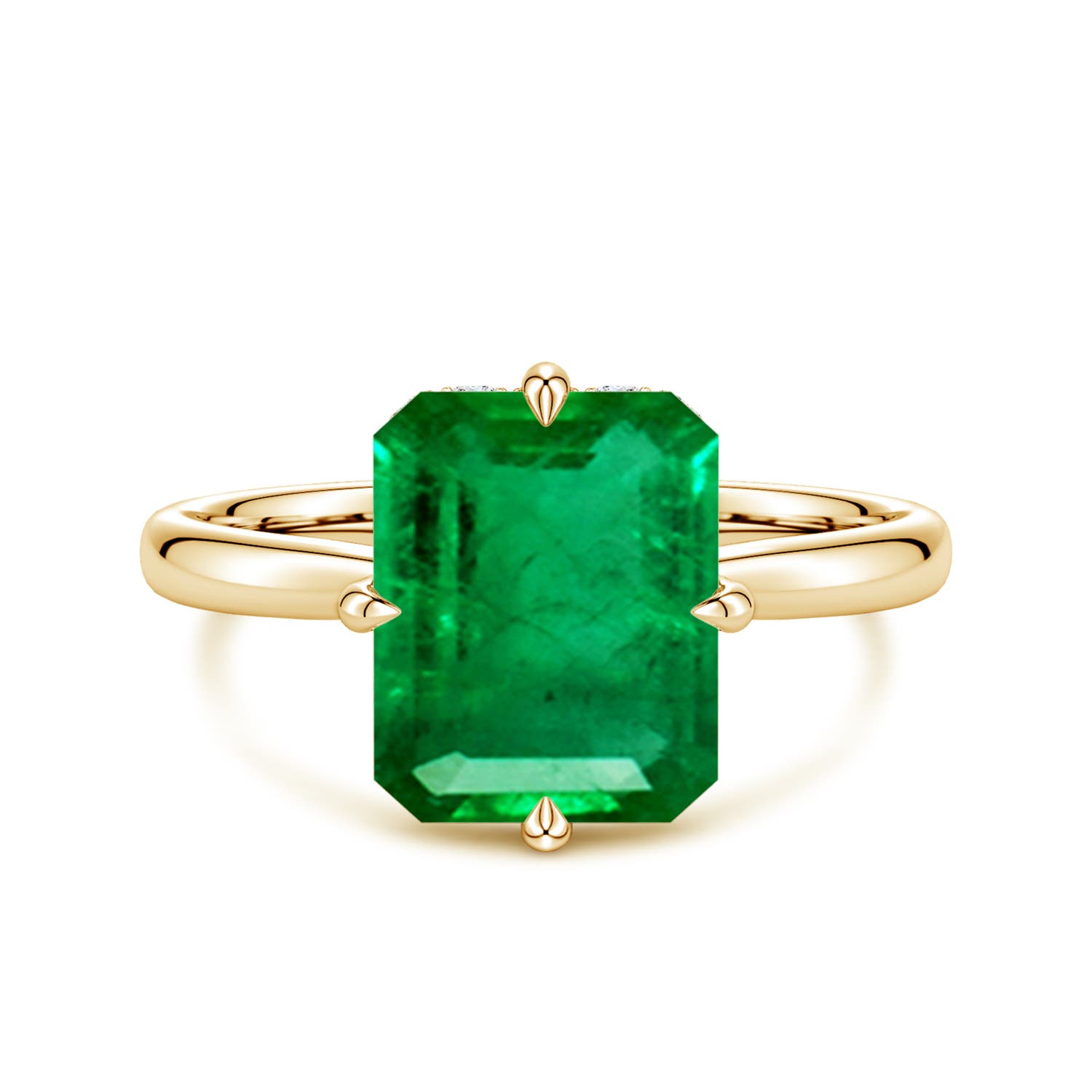 10x8mm AAA Solitaire Emerald-Cut Emerald Engagement Ring with Hidden Halo in Yellow Gold
