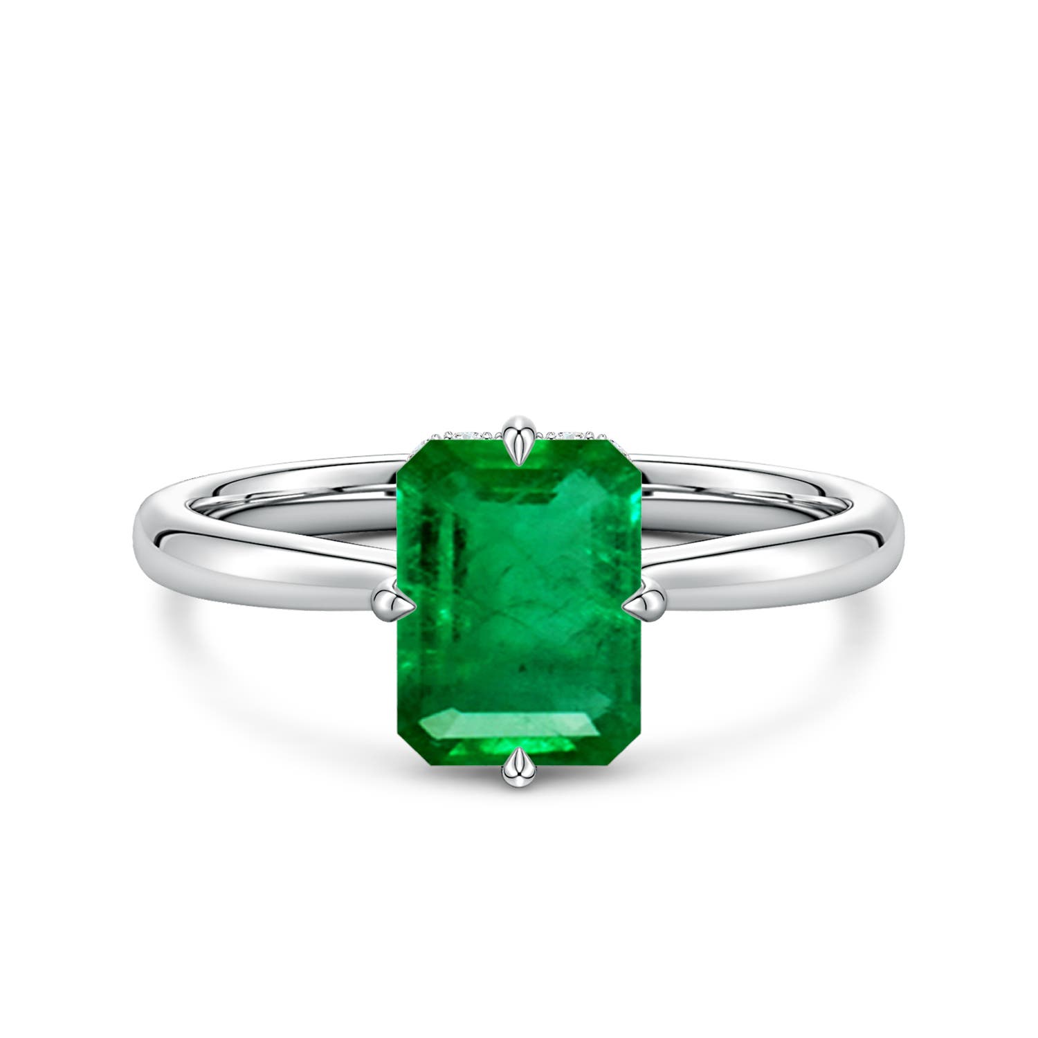 8x6mm AAA Solitaire Emerald-Cut Emerald Engagement Ring with Hidden Halo in 18CT White Gold