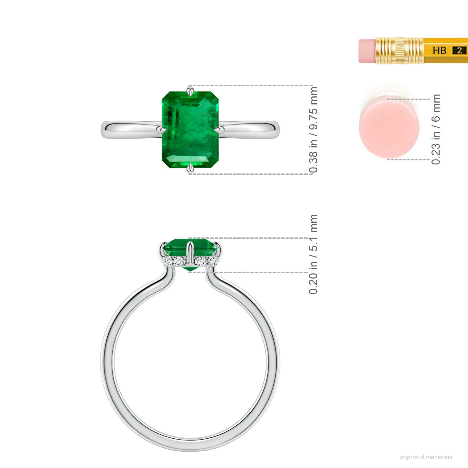8x6mm AAA Solitaire Emerald-Cut Emerald Engagement Ring with Hidden Halo in White Gold - ruler