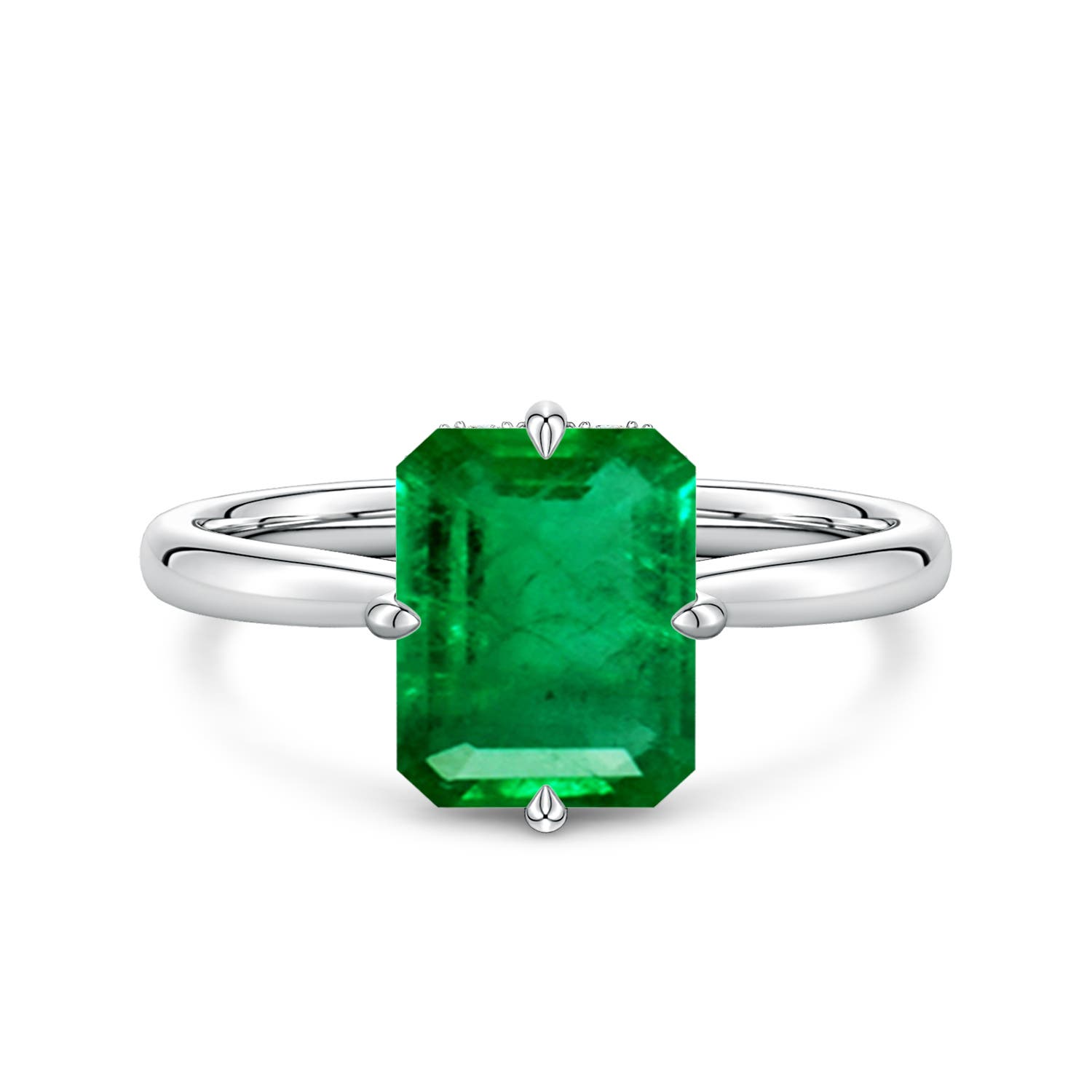 9x7mm AAA Solitaire Emerald-Cut Emerald Engagement Ring with Hidden Halo in White Gold