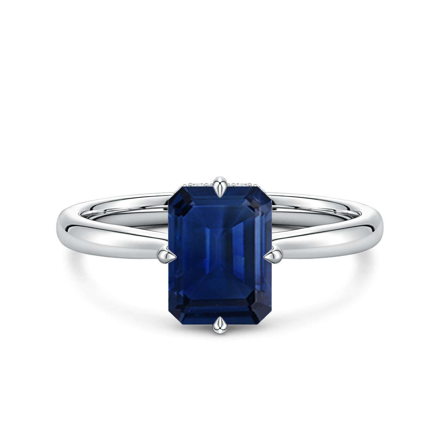 8x6mm AAA Solitaire Emerald-Cut Blue Sapphire Engagement Ring with Hidden Halo in 18K White Gold