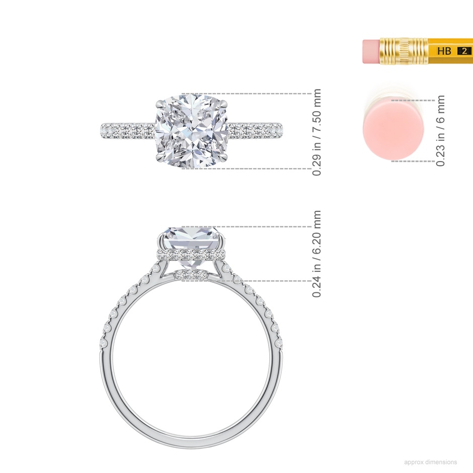 7.5mm HSI2 Cushion Diamond Double Hidden Halo Engagement Ring in White Gold ruler