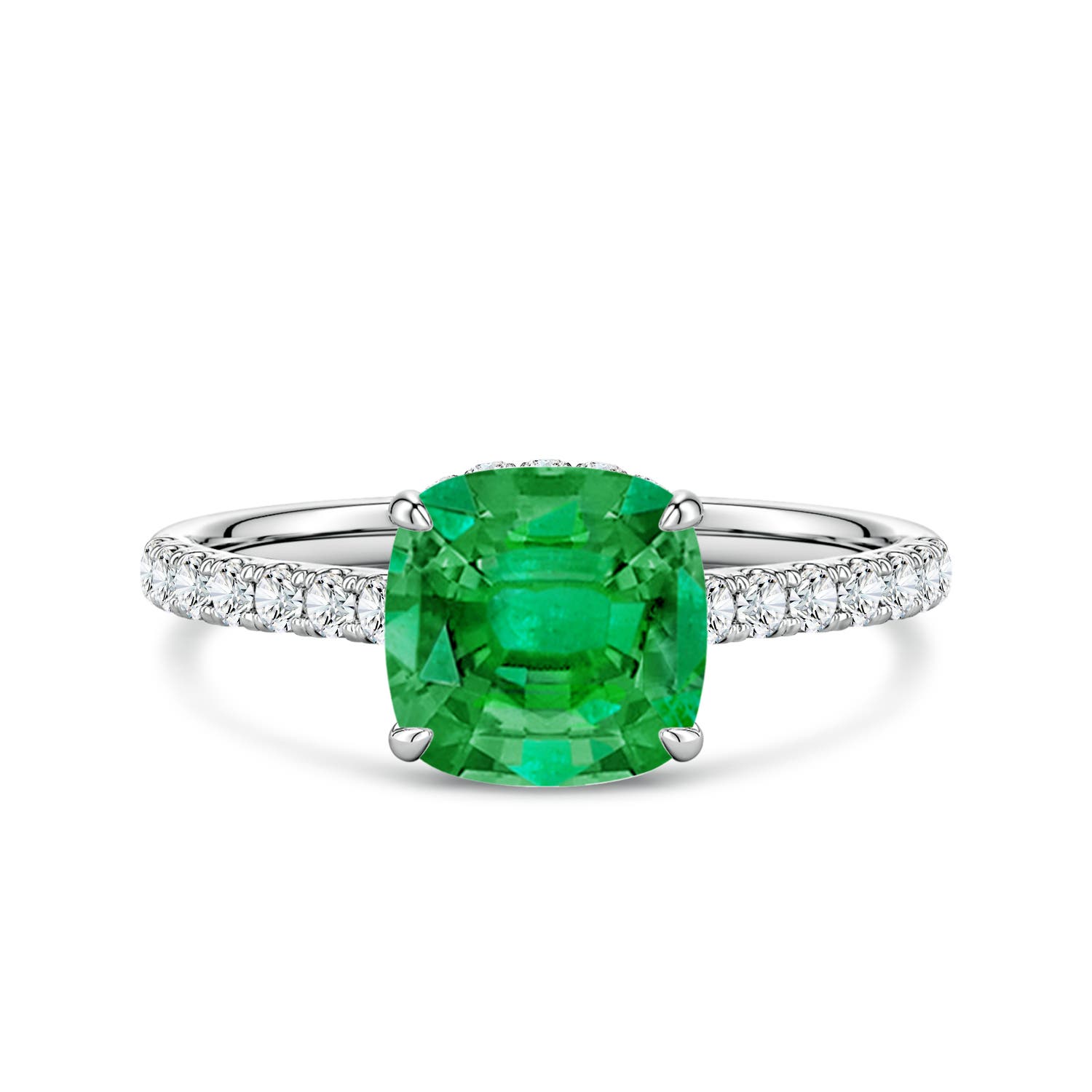 7mm AAA Cushion Emerald Double Hidden Halo Engagement Ring in White Gold
