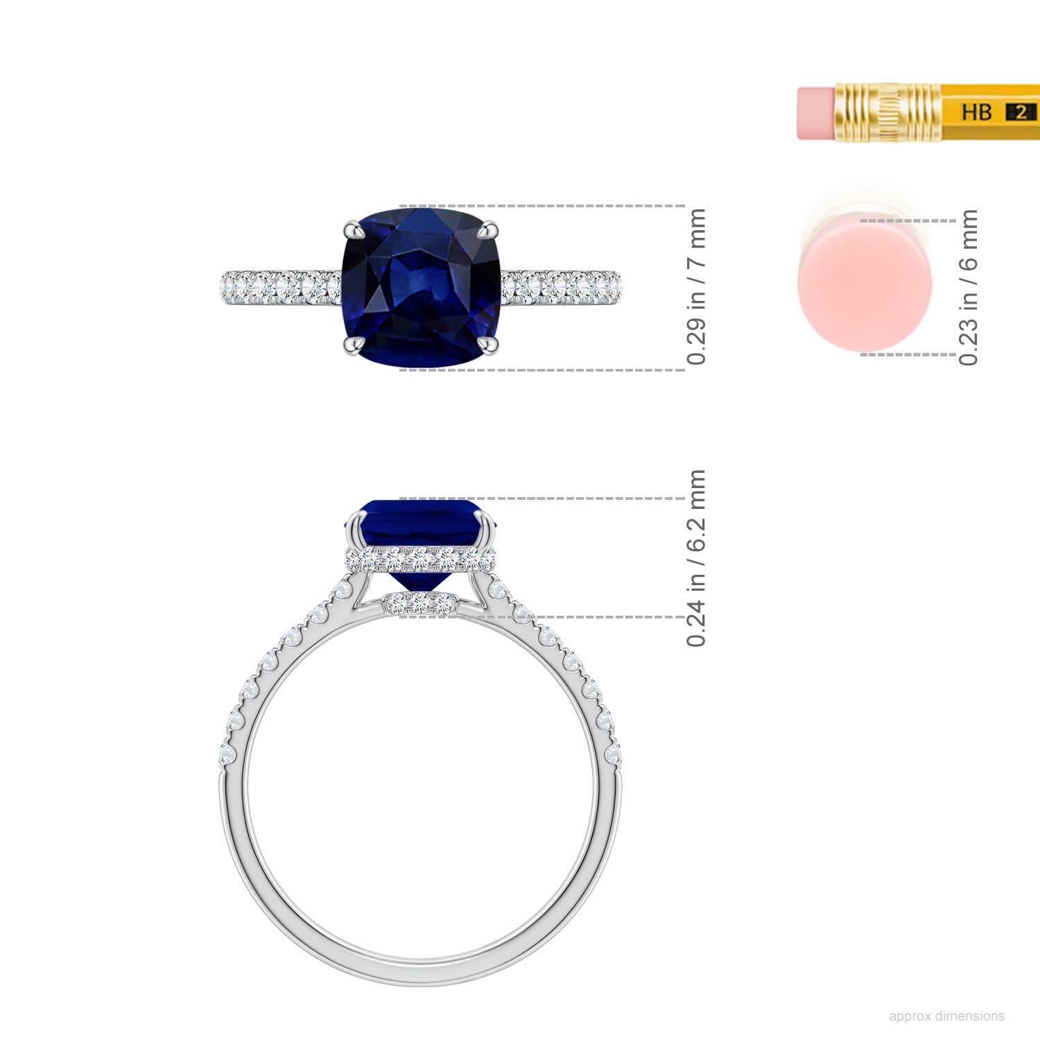 7mm AAA Cushion Blue Sapphire Double Hidden Halo Engagement Ring in White Gold - ruler
