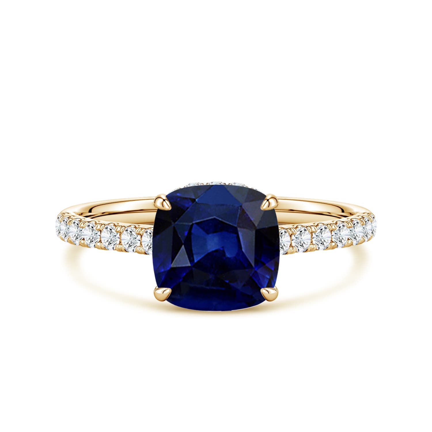 7mm AAA Cushion Blue Sapphire Double Hidden Halo Engagement Ring in Yellow Gold