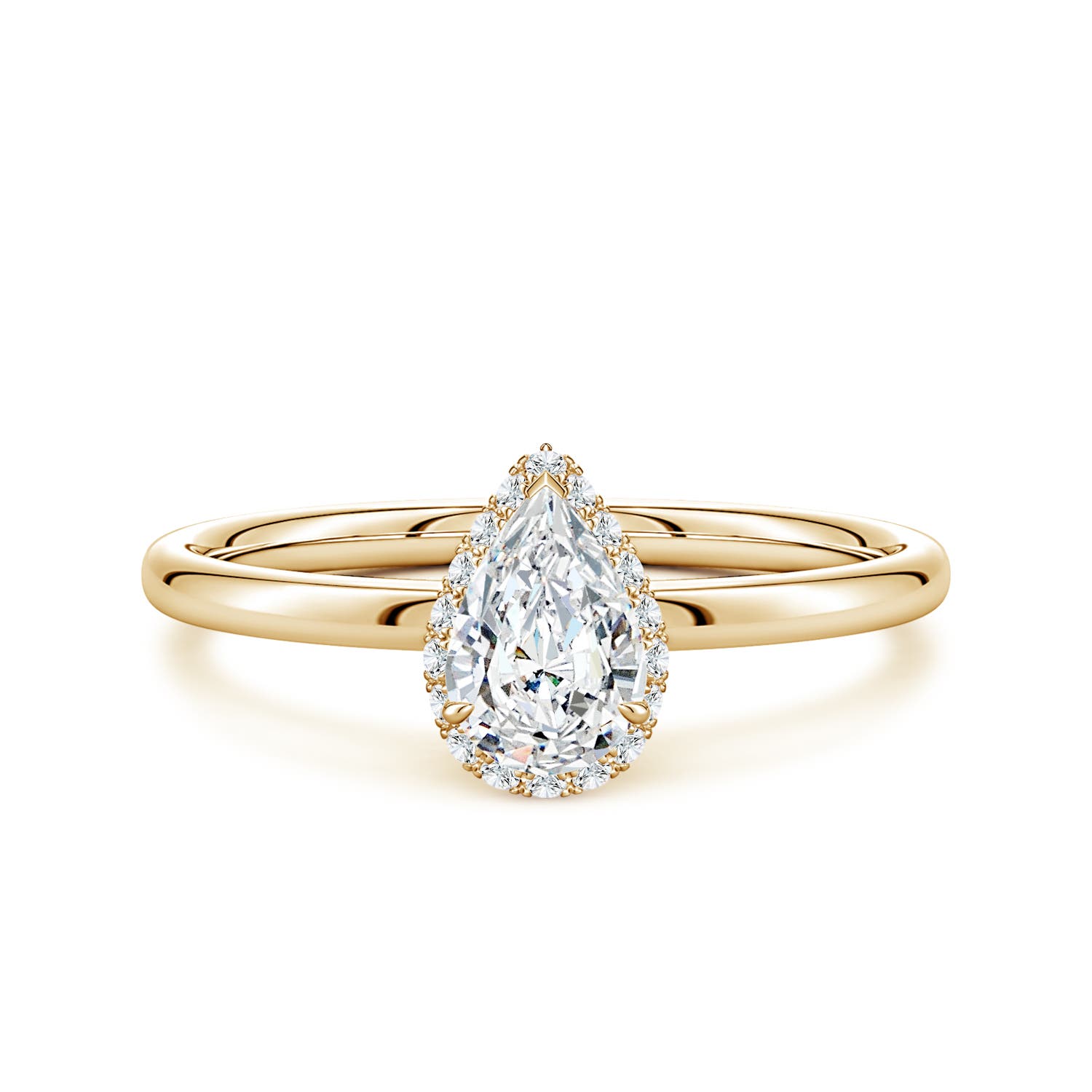 7x5mm GVS2 Pear Diamond Engagement Ring with Angled Halo in Yellow Gold