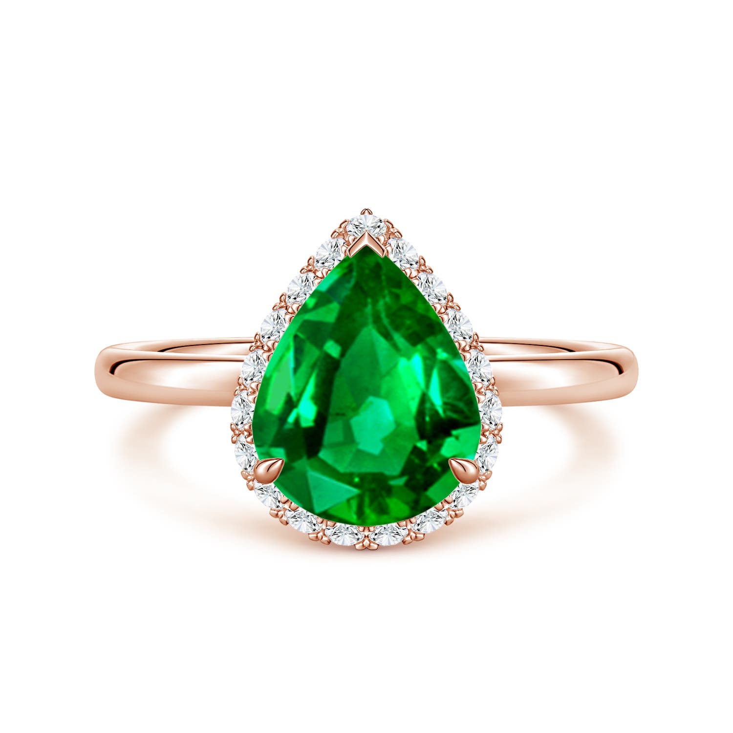 10x8mm AAAA Pear Emerald Engagement Ring with Angled Halo in Rose Gold