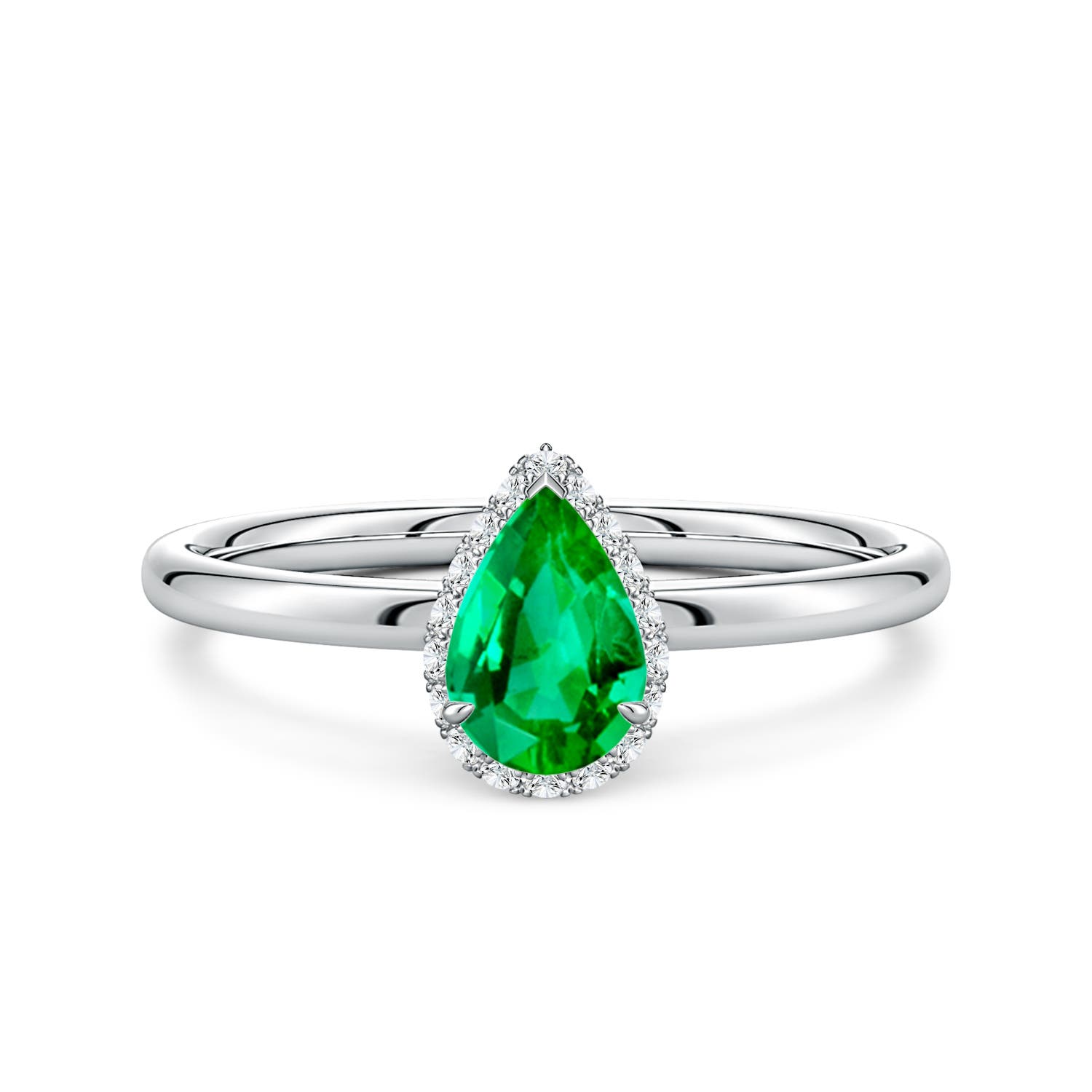 7x5mm AAA Pear Emerald Engagement Ring with Angled Halo in 18K White Gold