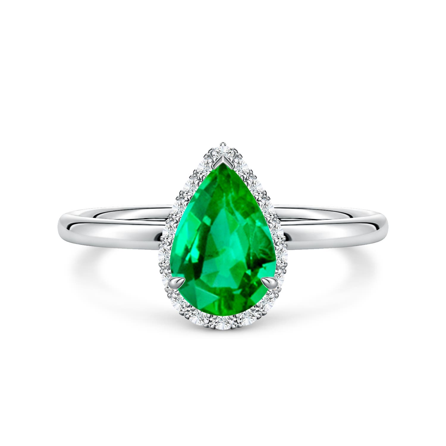 9x6mm AAA Pear Emerald Engagement Ring with Angled Halo in White Gold