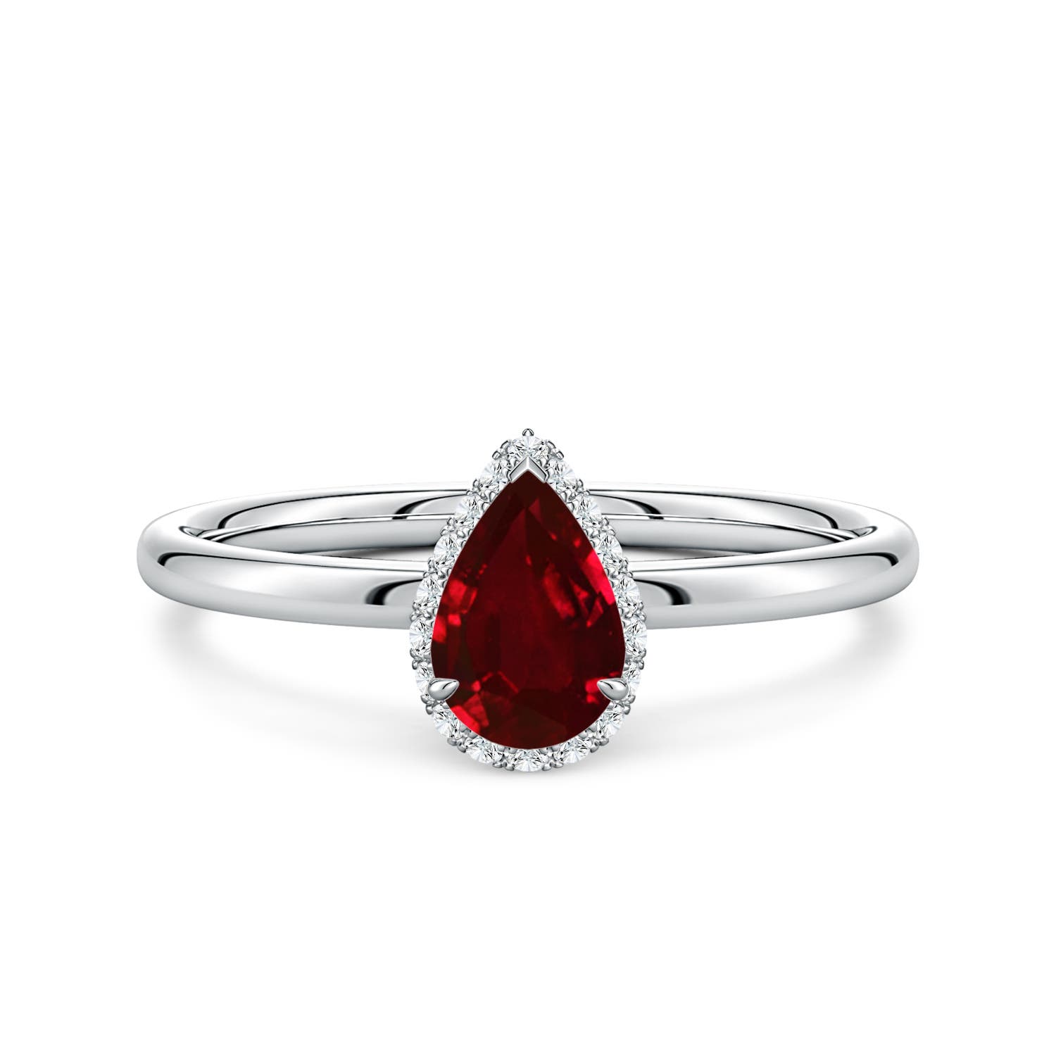 7x5mm AAAA Pear Ruby Engagement Ring with Angled Halo in White Gold