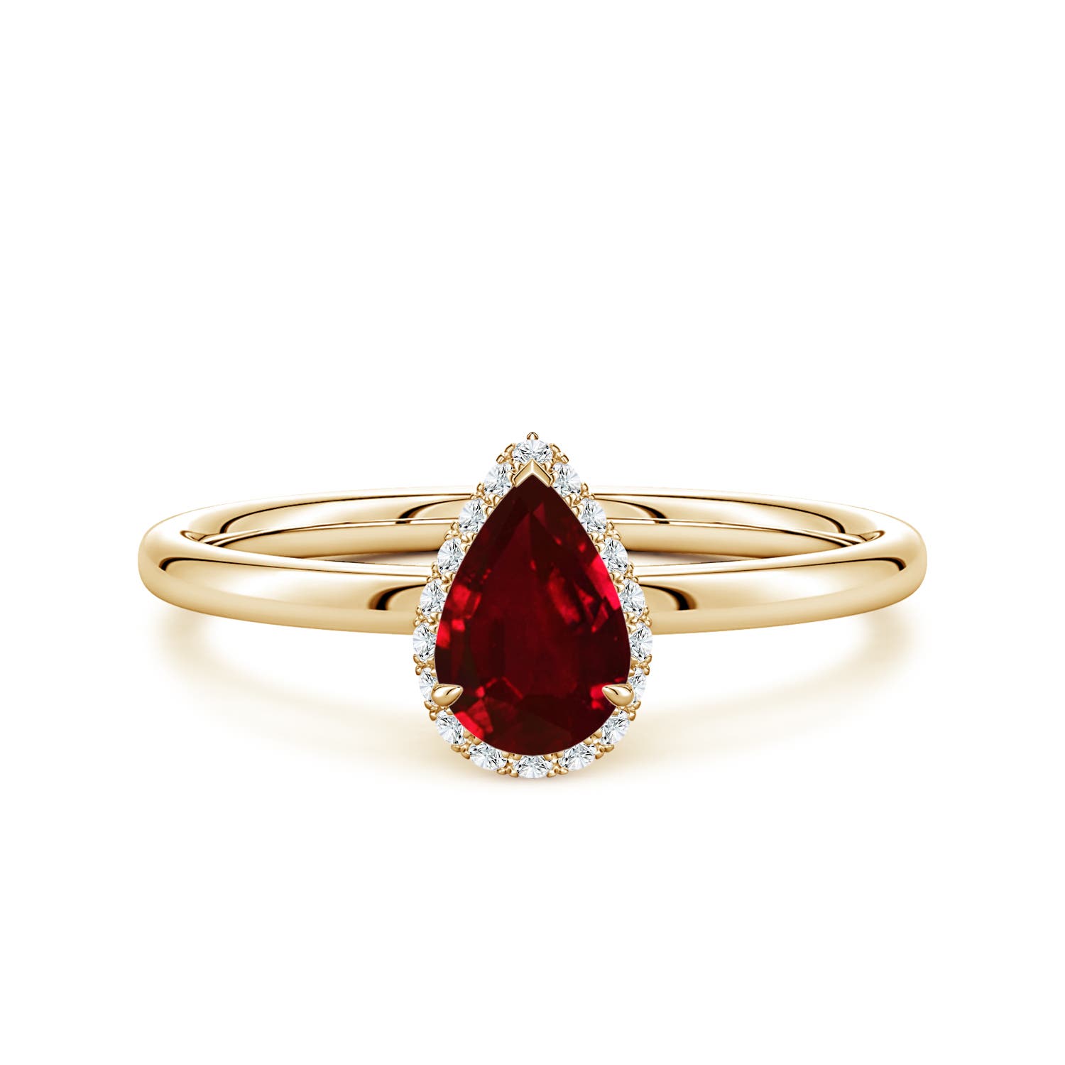 7x5mm AAAA Pear Ruby Engagement Ring with Angled Halo in Yellow Gold