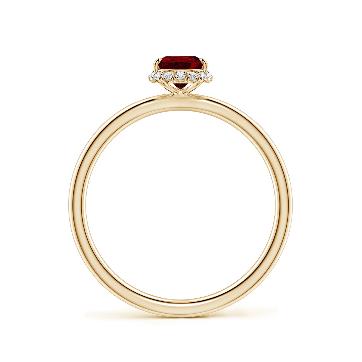 7x5mm AAAA Pear Ruby Engagement Ring with Angled Halo in Yellow Gold