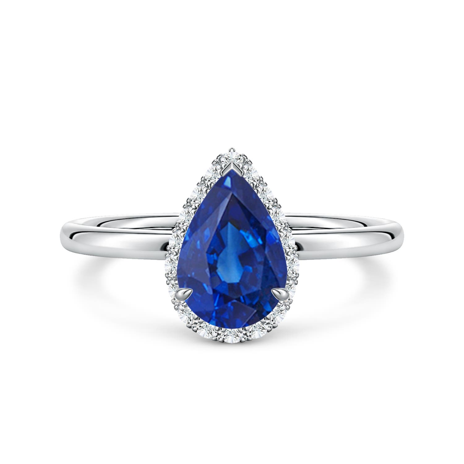 9x6mm AAA Pear Blue Sapphire Engagement Ring with Angled Halo in 18K White Gold