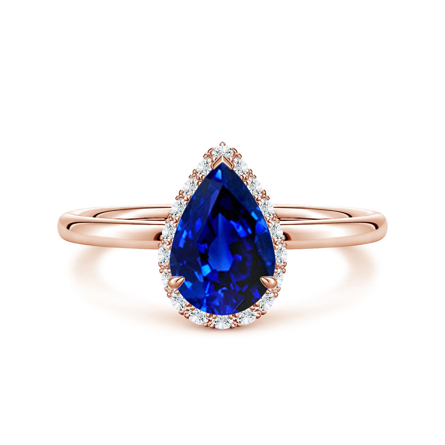 9x6mm AAAA Pear Blue Sapphire Engagement Ring with Angled Halo in Rose Gold