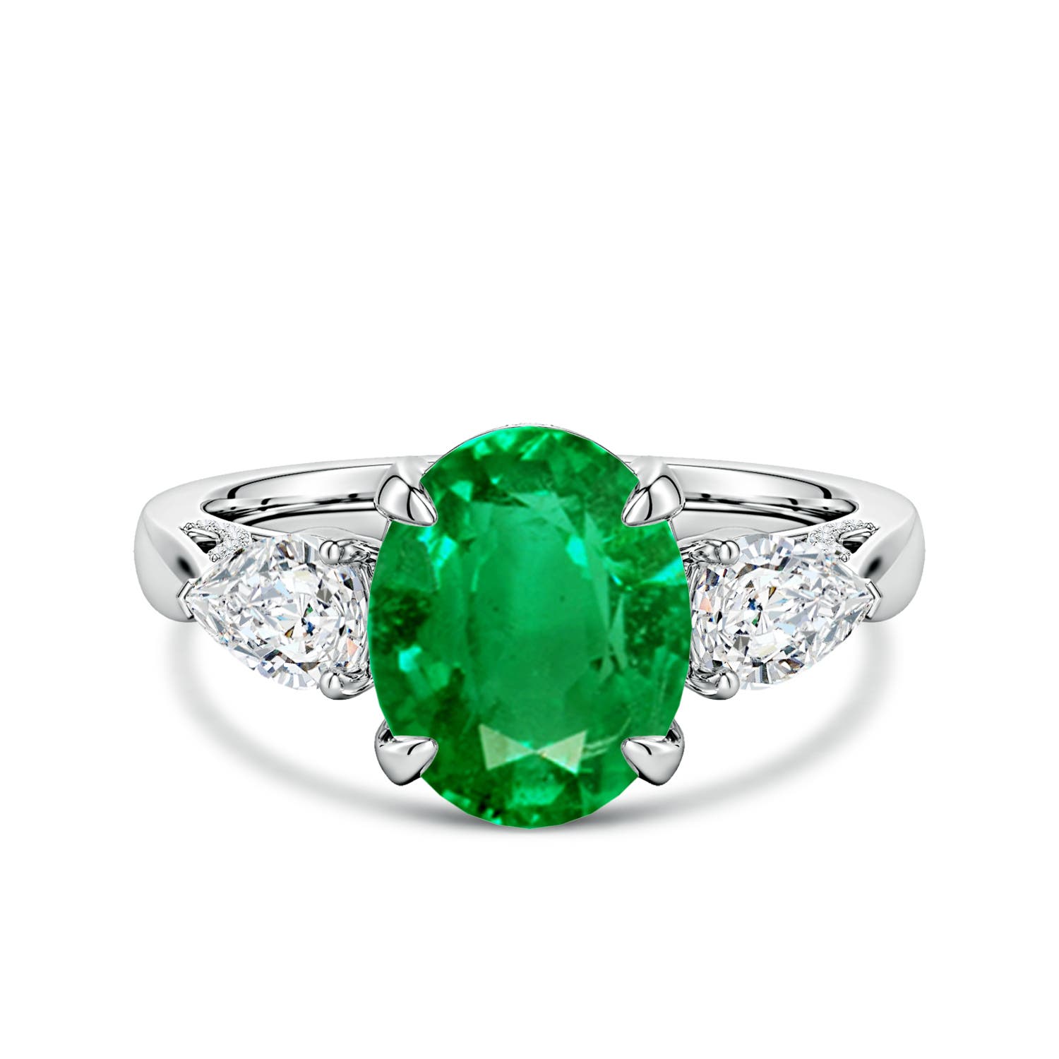 10x8mm AAA Oval Emerald and Sideways Pear Diamond Three-Stone Engagement Ring in White Gold