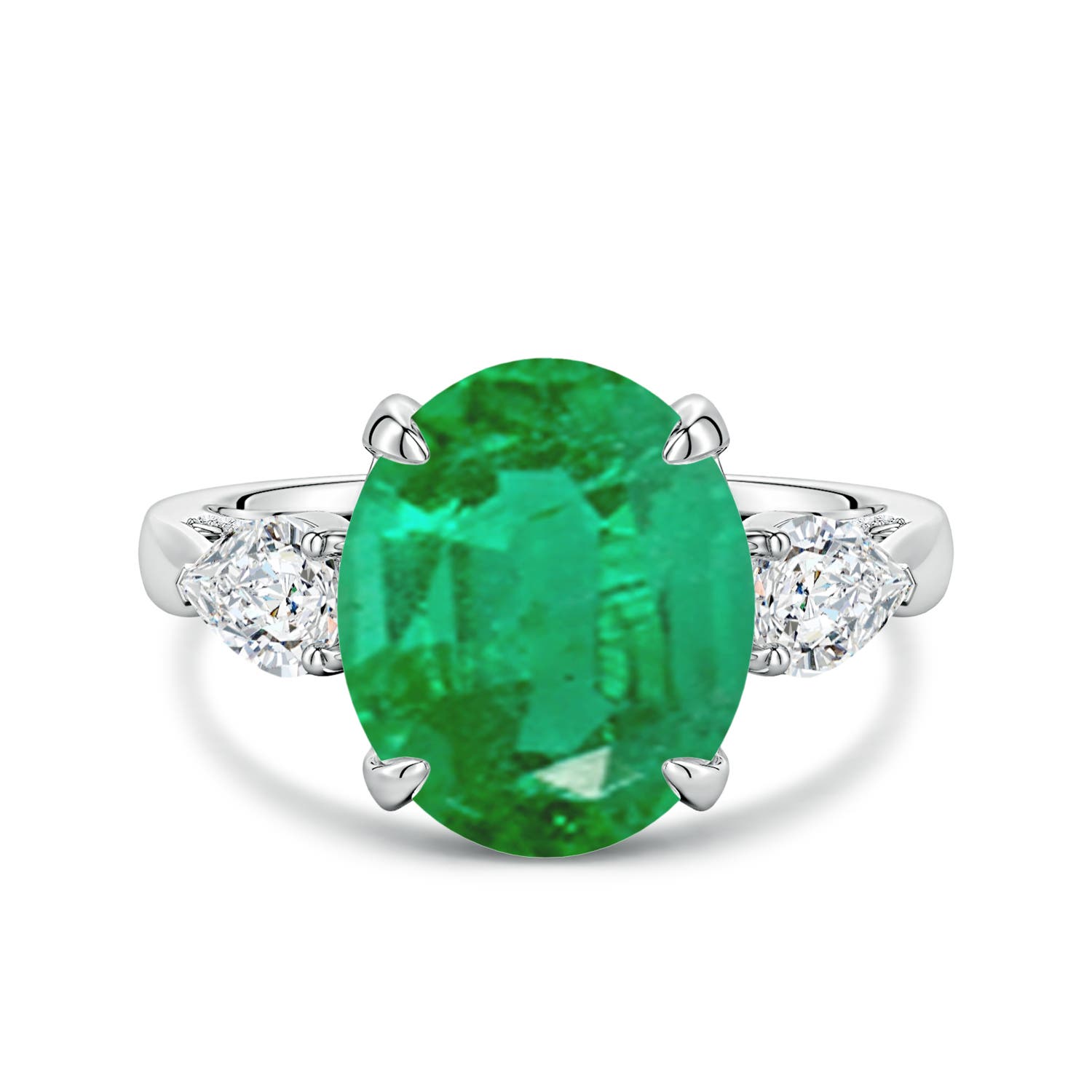 12x10mm AA Oval Emerald and Sideways Pear Diamond Three-Stone Engagement Ring in White Gold