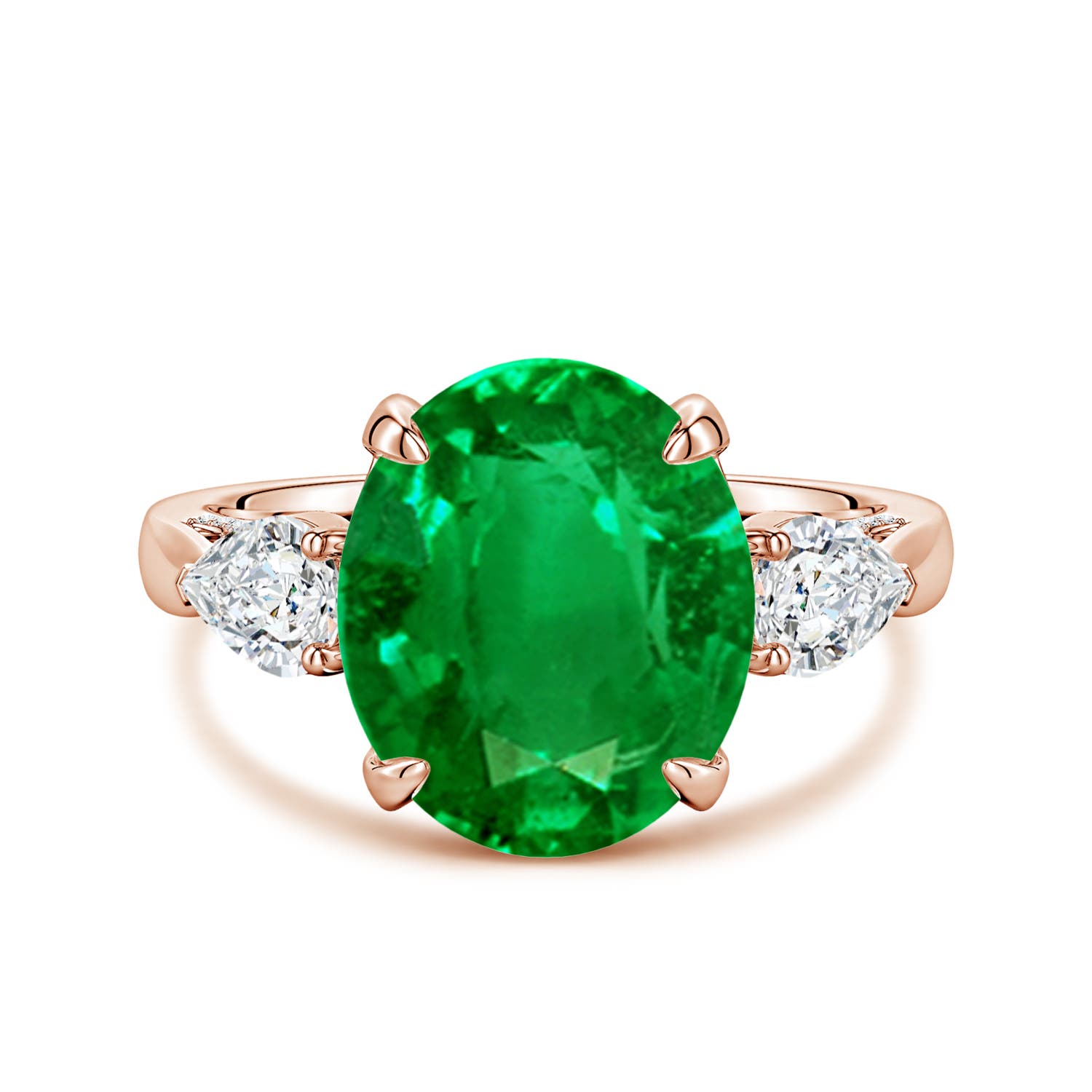 12x10mm AAAA Oval Emerald and Sideways Pear Diamond Three-Stone Engagement Ring in 18CT Rose Gold