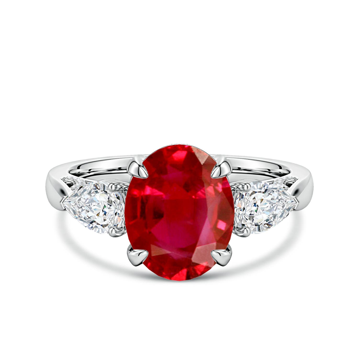 10x8mm AAA Oval Ruby and Sideways Pear Diamond Three-Stone Engagement Ring in White Gold