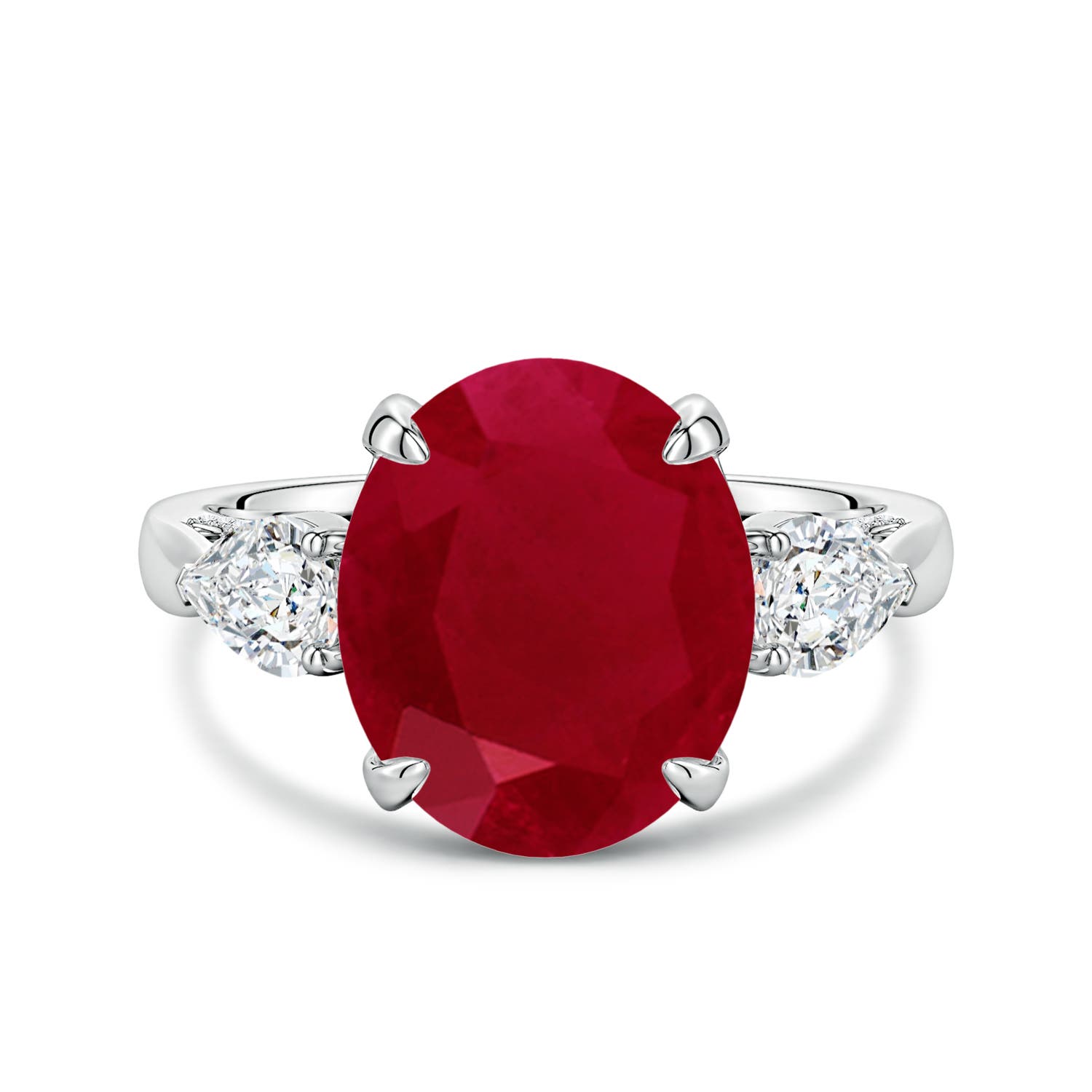 12x10mm AA Oval Ruby and Sideways Pear Diamond Three-Stone Engagement Ring in White Gold