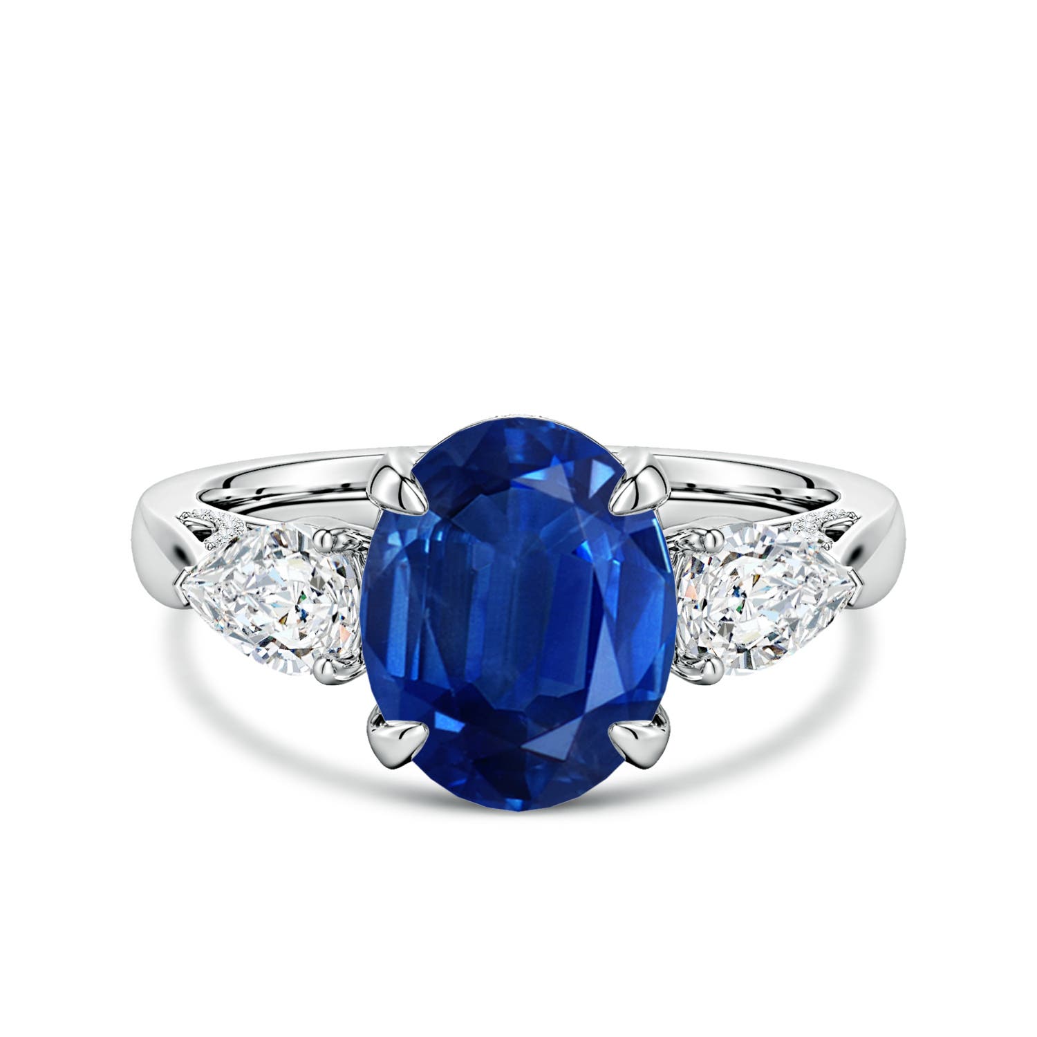 10x8mm AAA Oval Blue Sapphire and Sideways Pear Diamond Three-Stone Engagement Ring in White Gold