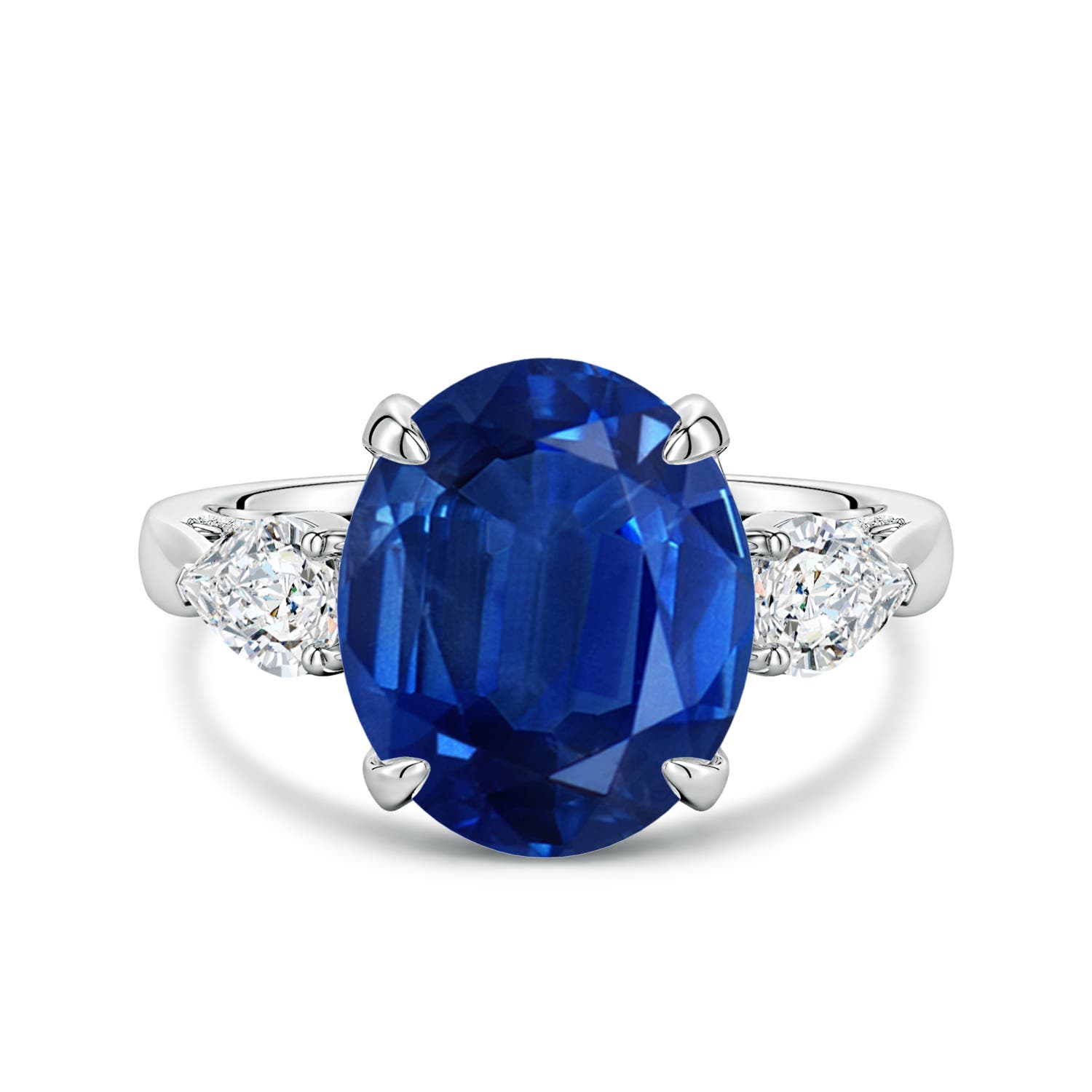 12x10mm AAA Oval Blue Sapphire and Sideways Pear Diamond Three-Stone Engagement Ring in White Gold